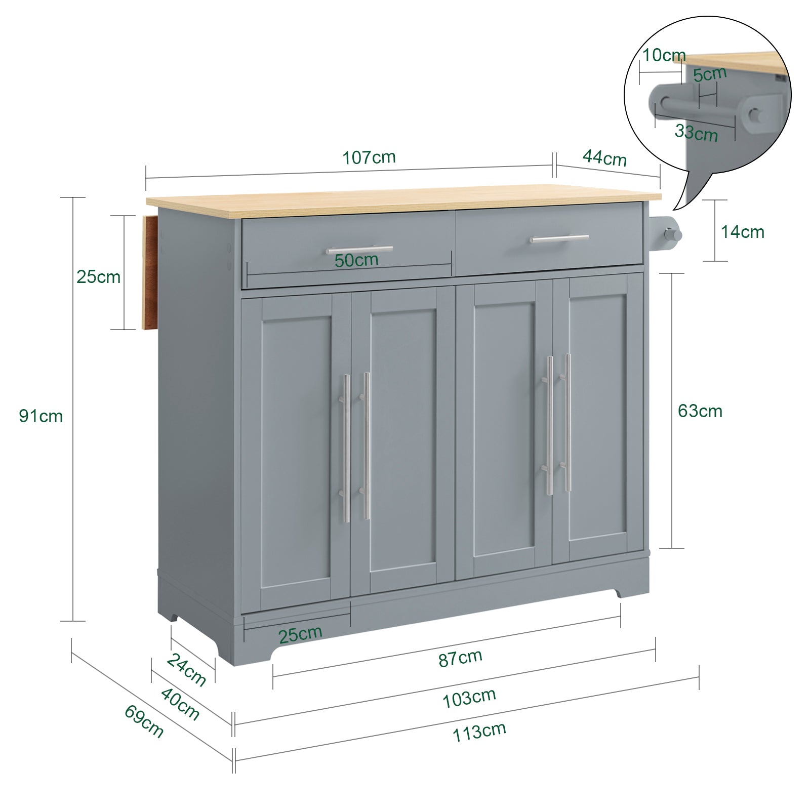 SoBuy Kücheninsel mit Klappplatte & verdeckten Rollen 115x68,7x91 cm Grau FKW129-HG