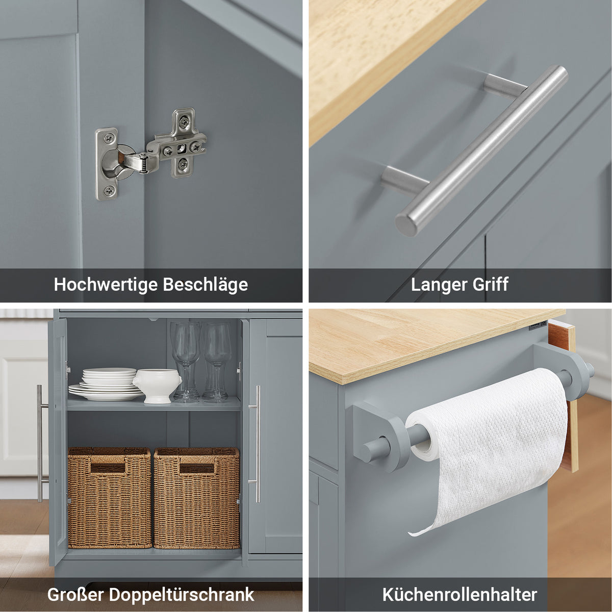 SoBuy Kücheninsel mit Klappplatte & verdeckten Rollen 115x68,7x91 cm Grau FKW129-HG