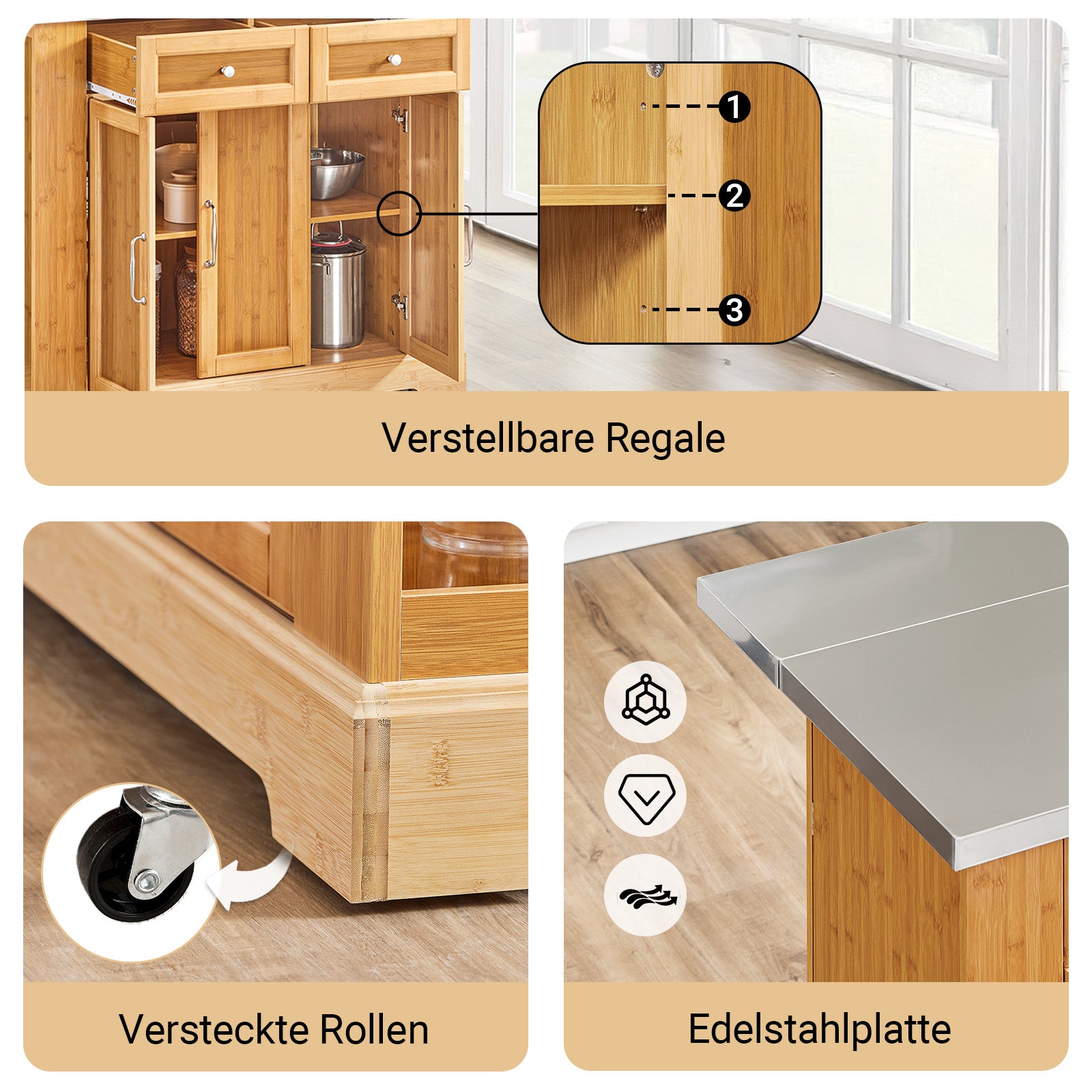 SoBuy | Kücheninsel | Küchenwagen mit erweiterbarer Arbeitsfläche | Küchenschrank Bambus | FKW130-N