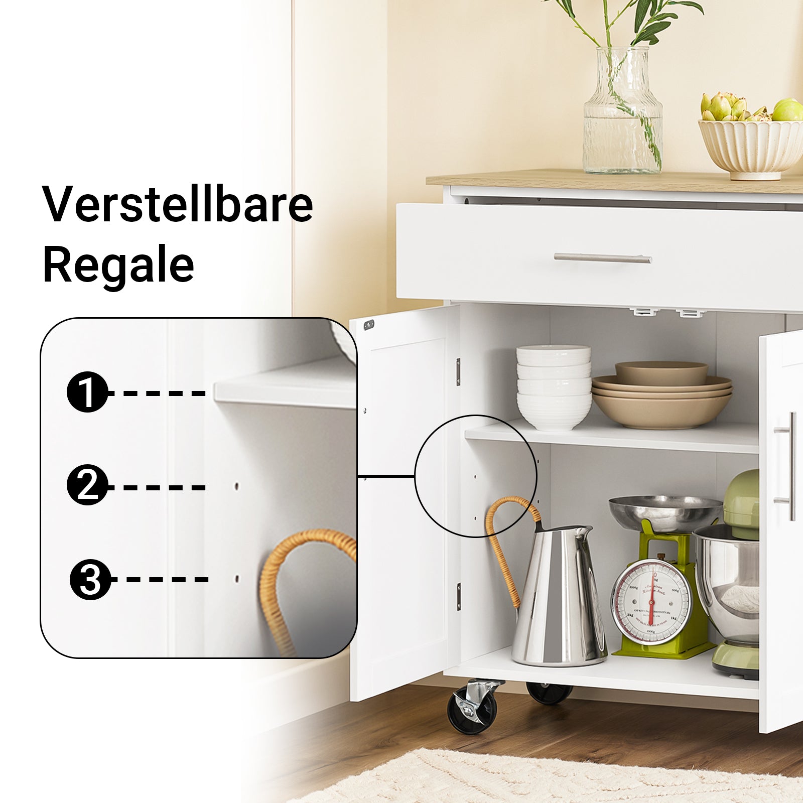 SoBuy Kücheninsel mit Arbeitsplatte Rollbarer Servierwagen Weiß B99 x H85 x T40 cm FKW133-WN