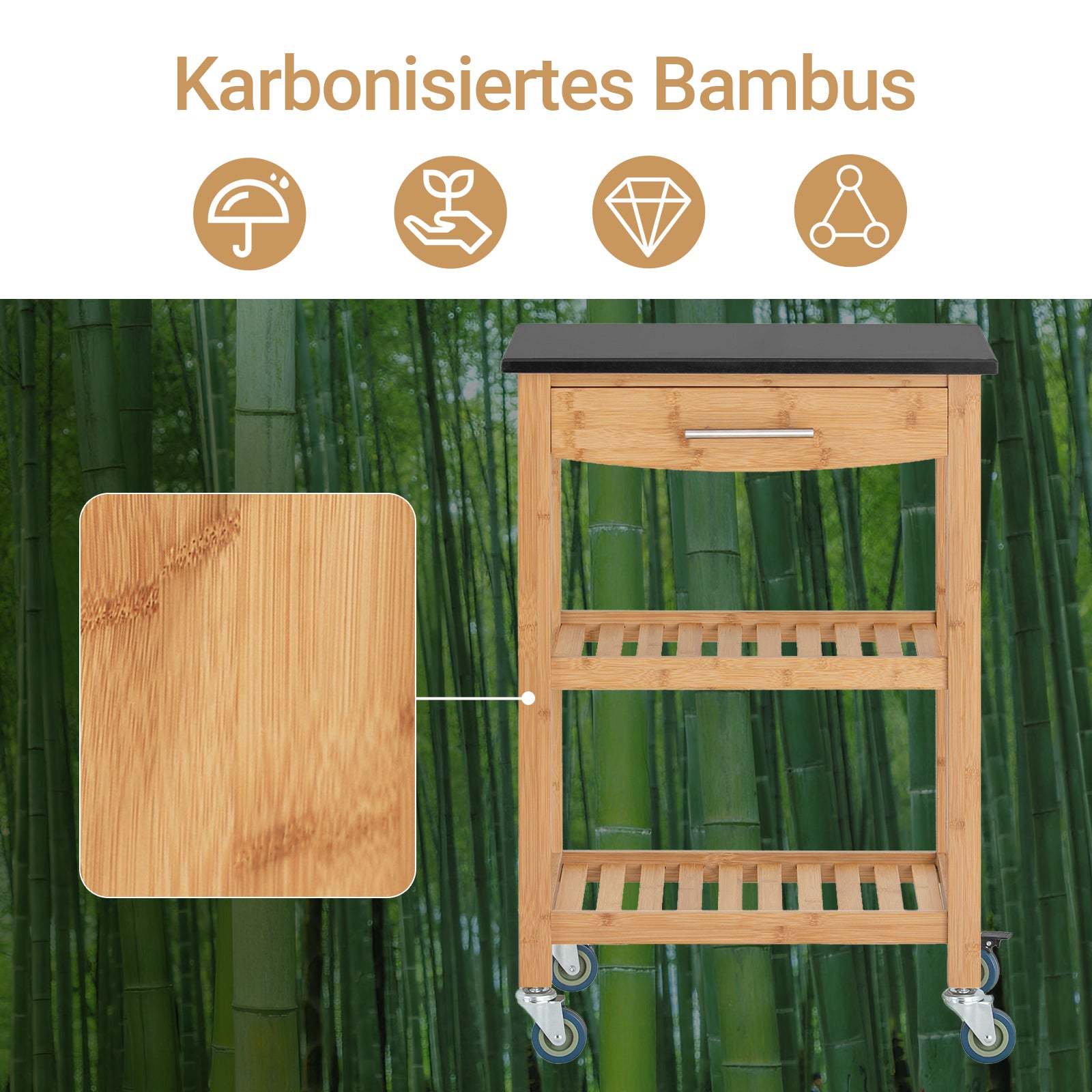 SoBuy | Küchenwagen mit Granitarbeitsplatte | Küchenrollwagen | Servierwagen Bambus | FKW28-SCH