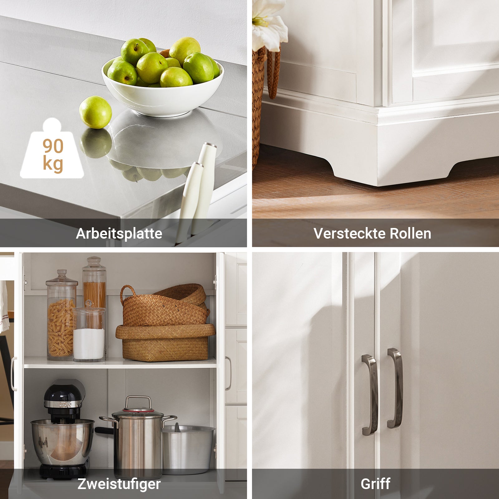 SoBuy | Kücheninsel | Küchenwagen mit erweiterbarer Arbeitsfläche | Küchenschrank Weiß | FKW41-ST