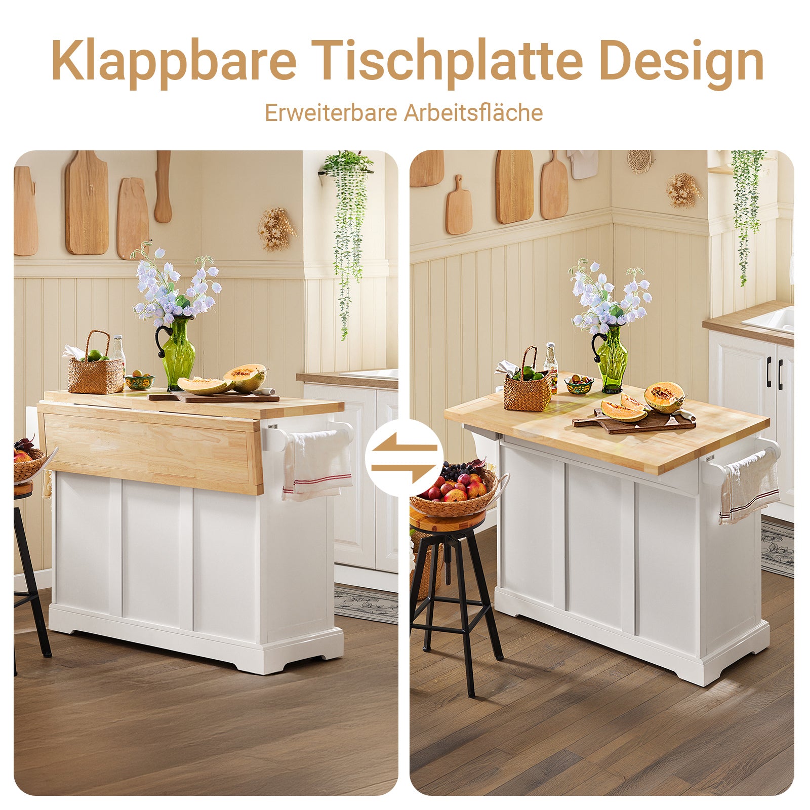 SoBuy | Kücheninsel | Küchenwagen mit erweiterbarer Arbeitsfläche | Küchenschrank Weiß | FKW41-WN