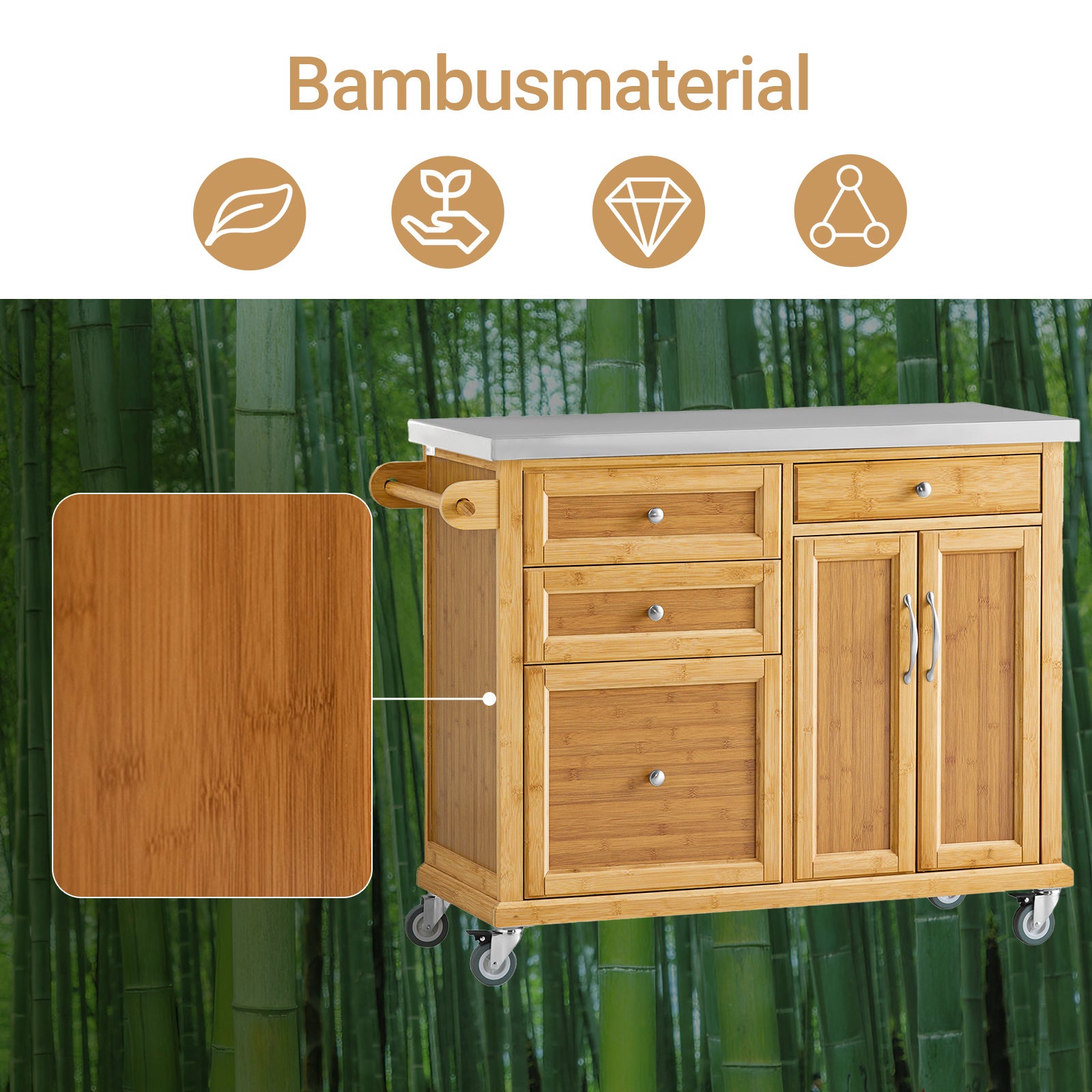 SoBuy | Kücheninsel | Küchenwagen mit Edelstahlarbeitsplatte | Küchenschrank Bambus | FKW70-N