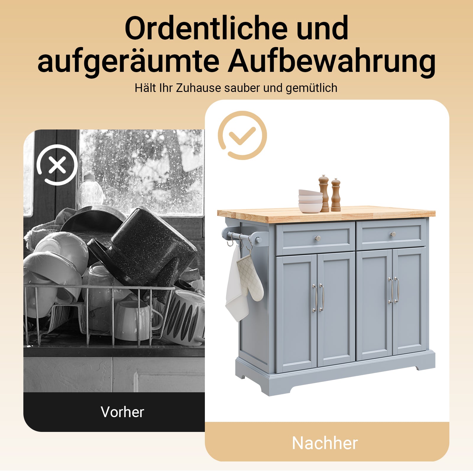 SoBuy | Kücheninsel | Küchenwagen mit erweiterbarer Arbeitsfläche | Küchenschrank | FKW71-II-HG