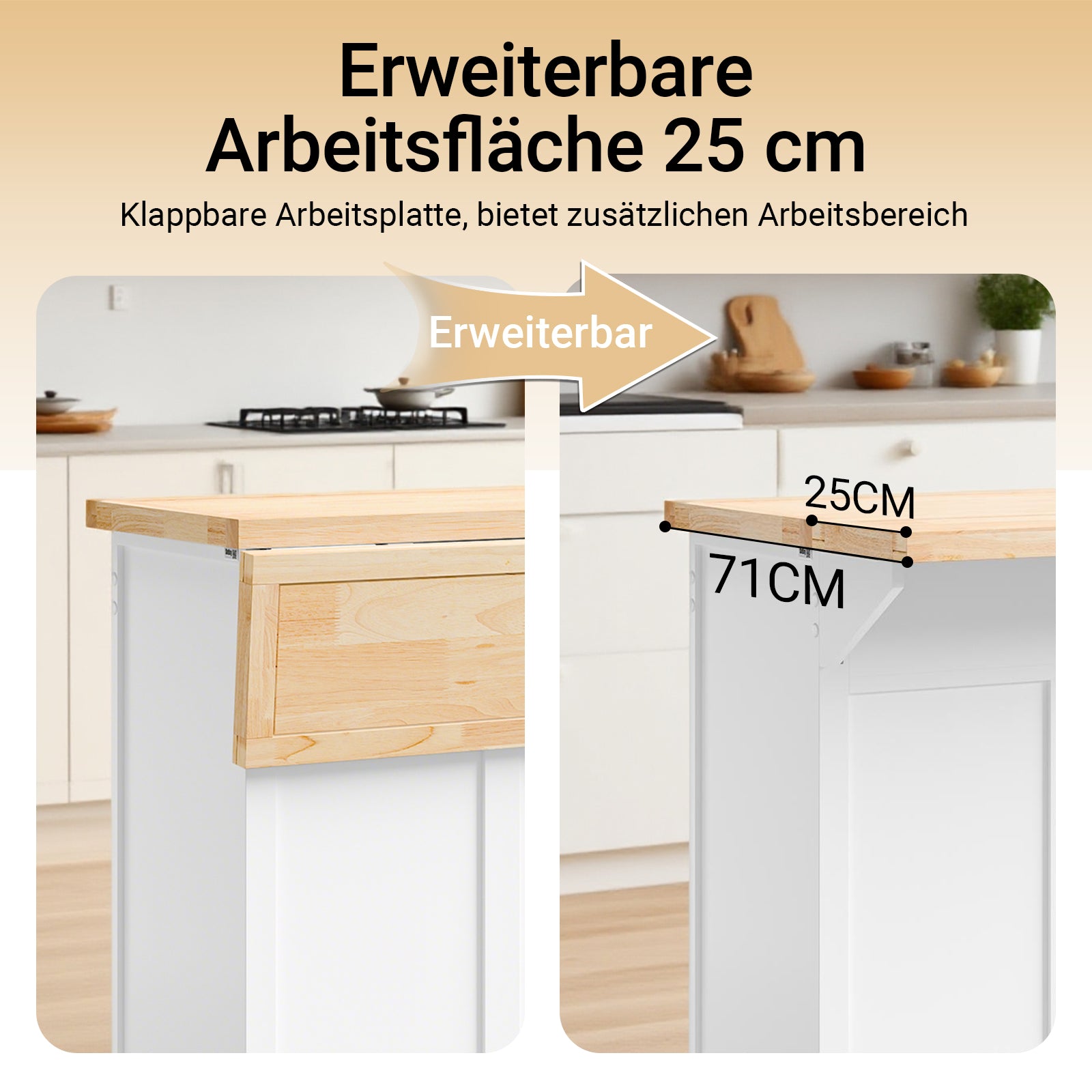 SoBuy | Kücheninsel | Küchenwagen mit erweiterbarer Arbeitsfläche | Küchenschrank Weiß | FKW71-II-WN