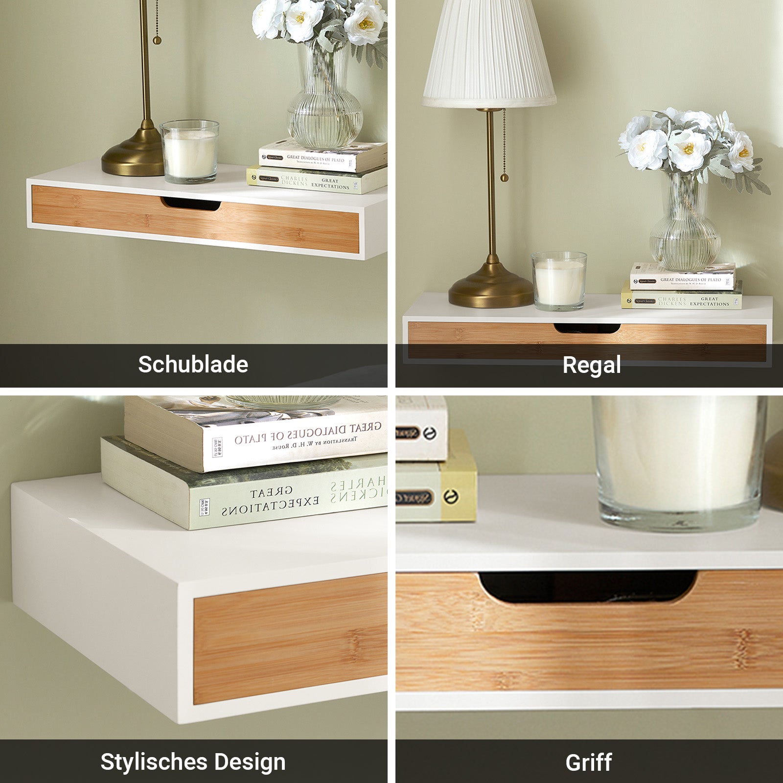 SoBuy | Schweberegal Weiß | Hängeschublade | Wandschublade Bambus | FRG93-WN