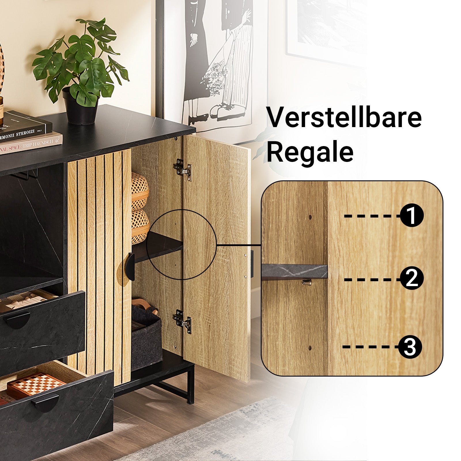SoBuy Küchenschrank Sideboard Kommode mit Mikrowellenfach (Ø6 cm) | Eiche-Schwarz | FSB103-N