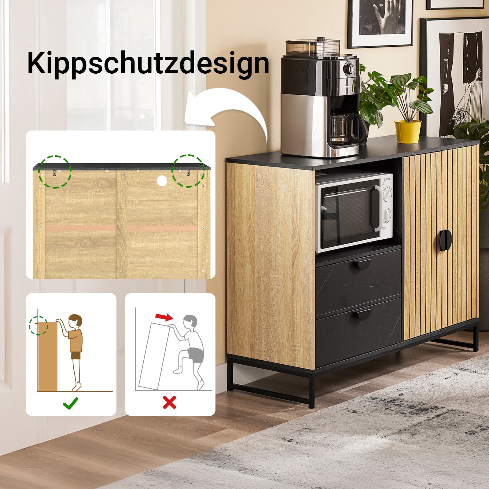 SoBuy Küchenschrank Sideboard Kommode mit Mikrowellenfach (Ø6 cm) | Eiche-Schwarz | FSB103-N