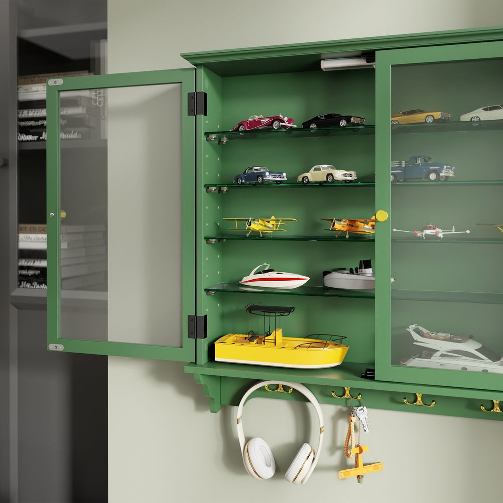 SoBuy | Sammelvitrine | Schmale Hängevitrine aus Bambus & MDF | Dunkelgrün | FSB114-E-SY