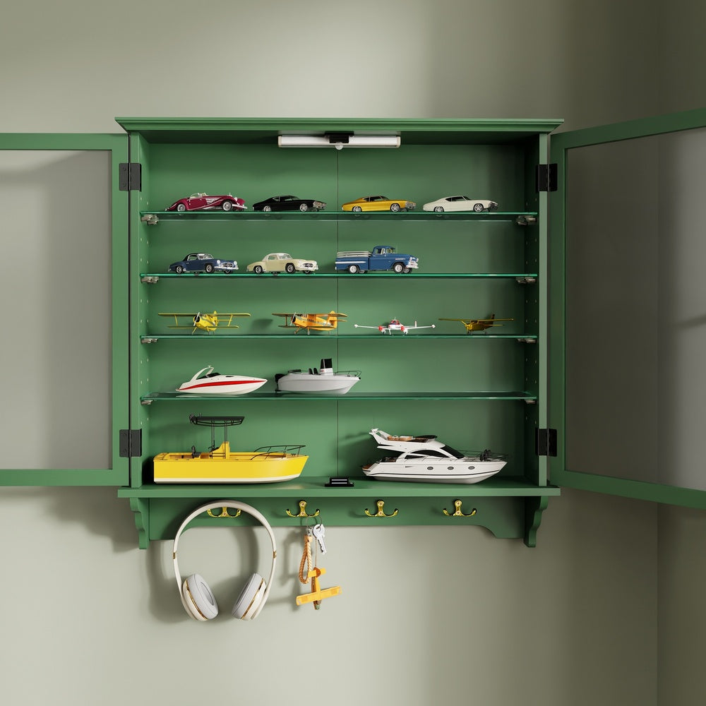 SoBuy | Sammelvitrine | Schmale Hängevitrine aus Bambus & MDF | Dunkelgrün | FSB114-E-SY