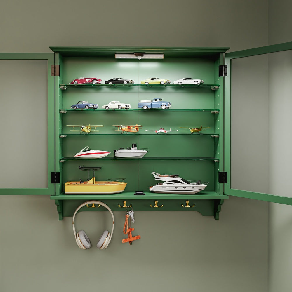 SoBuy | Sammelvitrine | Schmale Hängevitrine aus Bambus & MDF | Dunkelgrün | FSB114-E-SY