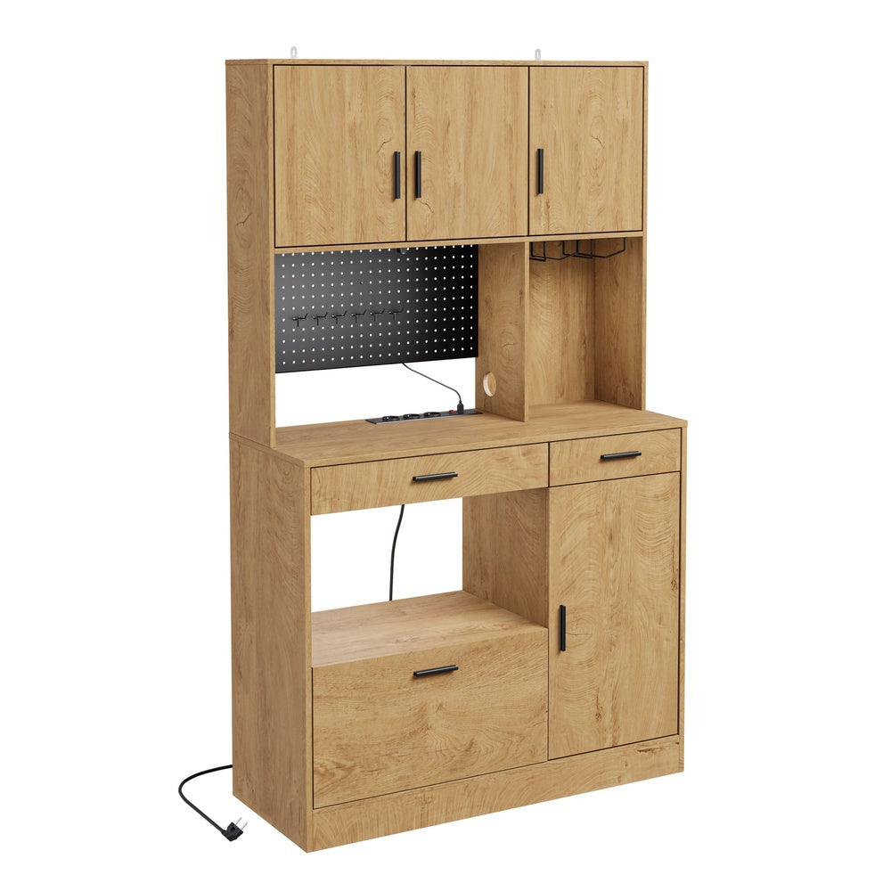 SoBuy | Küchenschränke | Küchenschrank freistehend mit 4 Türen und 3 | Light Oak | FSB98-L-E-N