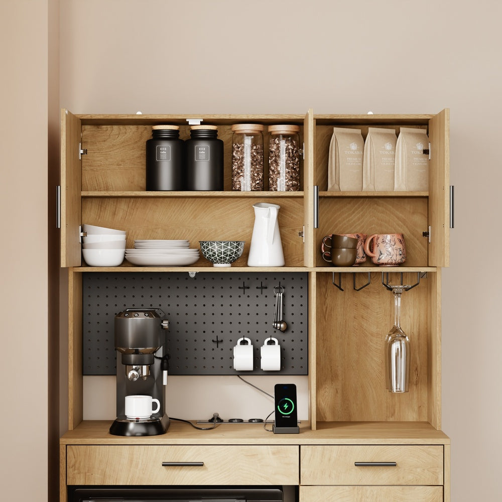 SoBuy | Küchenschränke | Küchenschrank freistehend mit 4 Türen und 3 | Light Oak | FSB98-L-E-N