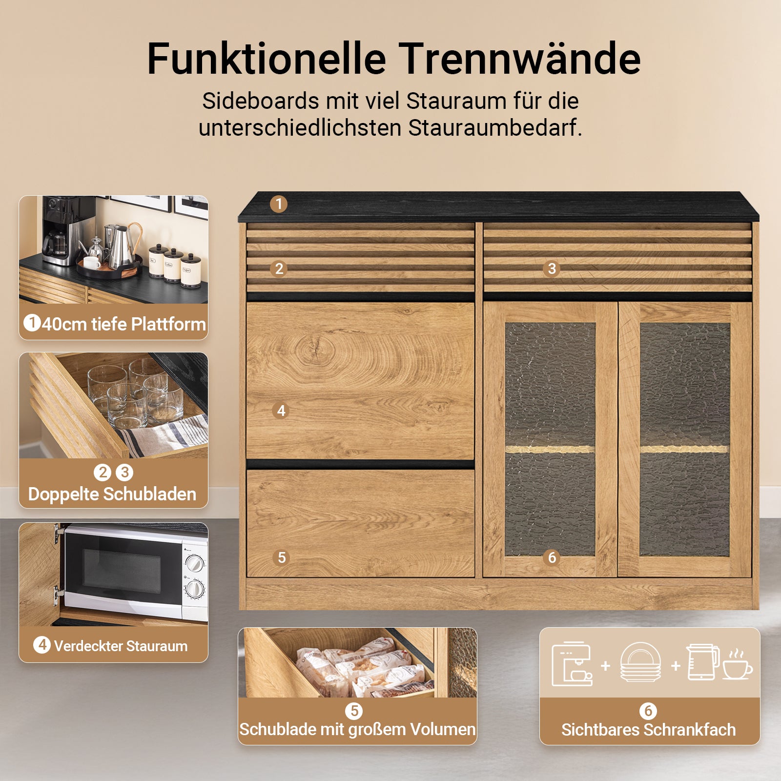 SoBuy | Kücheninsel | Sideboard | Küchenschrank | Buffet | Natur/Schwarz | FSB99-N
