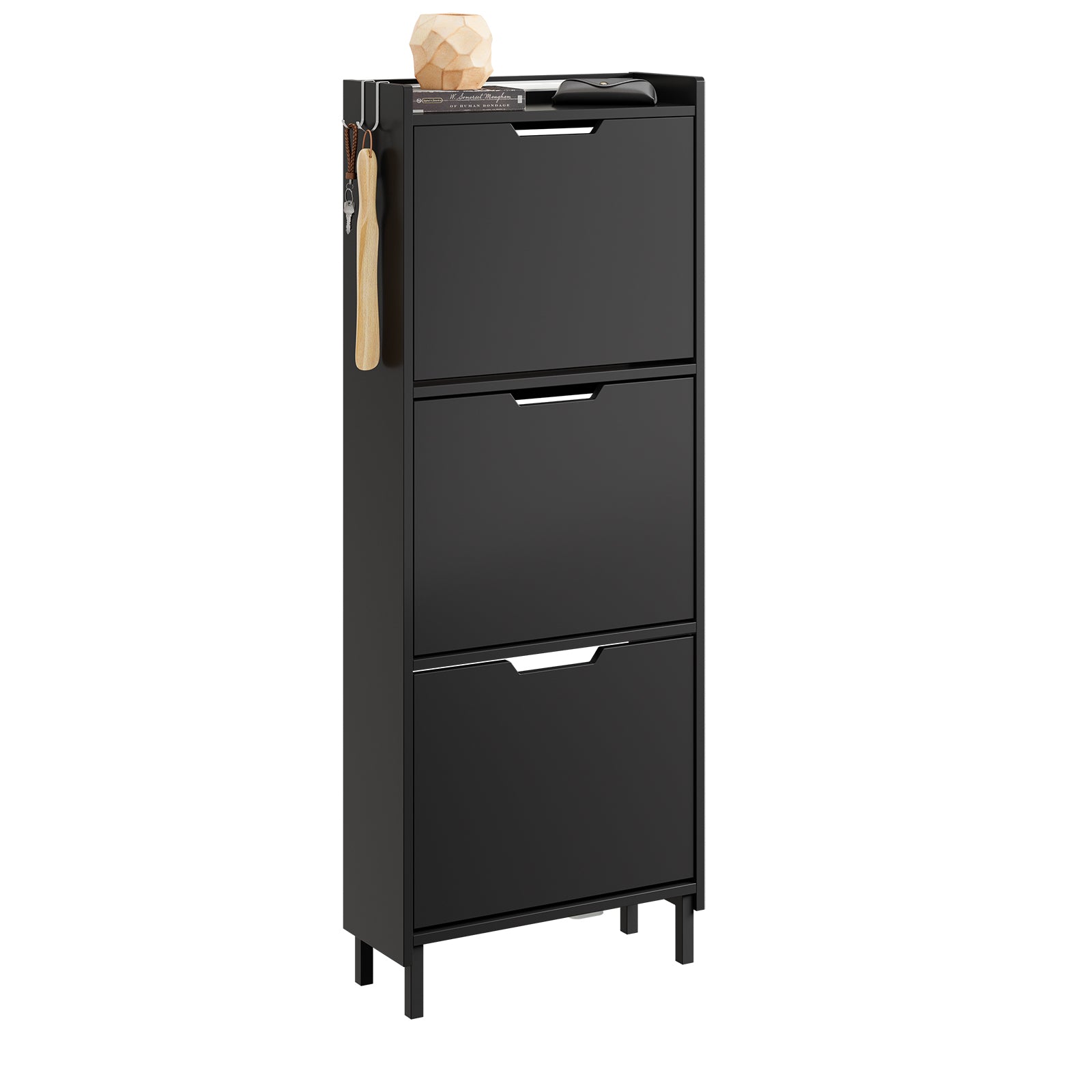 SoBuy Schuhschrank mit 3 Klappen + LED Schuhschrank schmal Sensorlicht 19 cm Tiefe Schwarz 50x19x131 cm