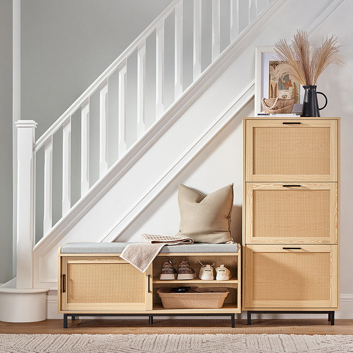 SoBuy | Schuhbank mit Sitzfläche | Dielenbank mit Schiebetüren | Schuhschrank | Sitzbank | Natur | FSR154-N