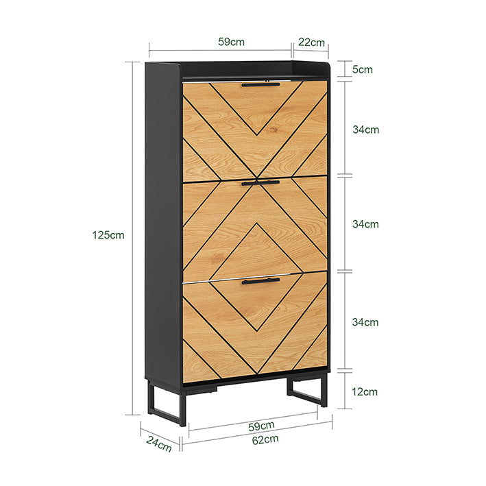 SoBuy | Schuhkipper mit 3 Klappen | Schuhschrank schmal | Schwarz-Braun | 62x125x24cm | FSR164-SCH