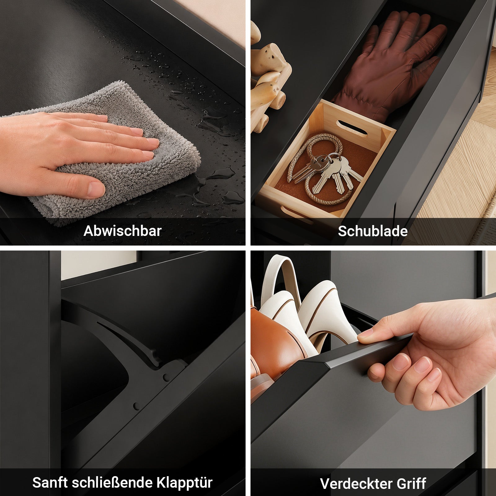 SoBuy Schuhkipper Schmaler mit 4 Klappen und 2 Schubladen für Flur Schwarz FSR169-SCH