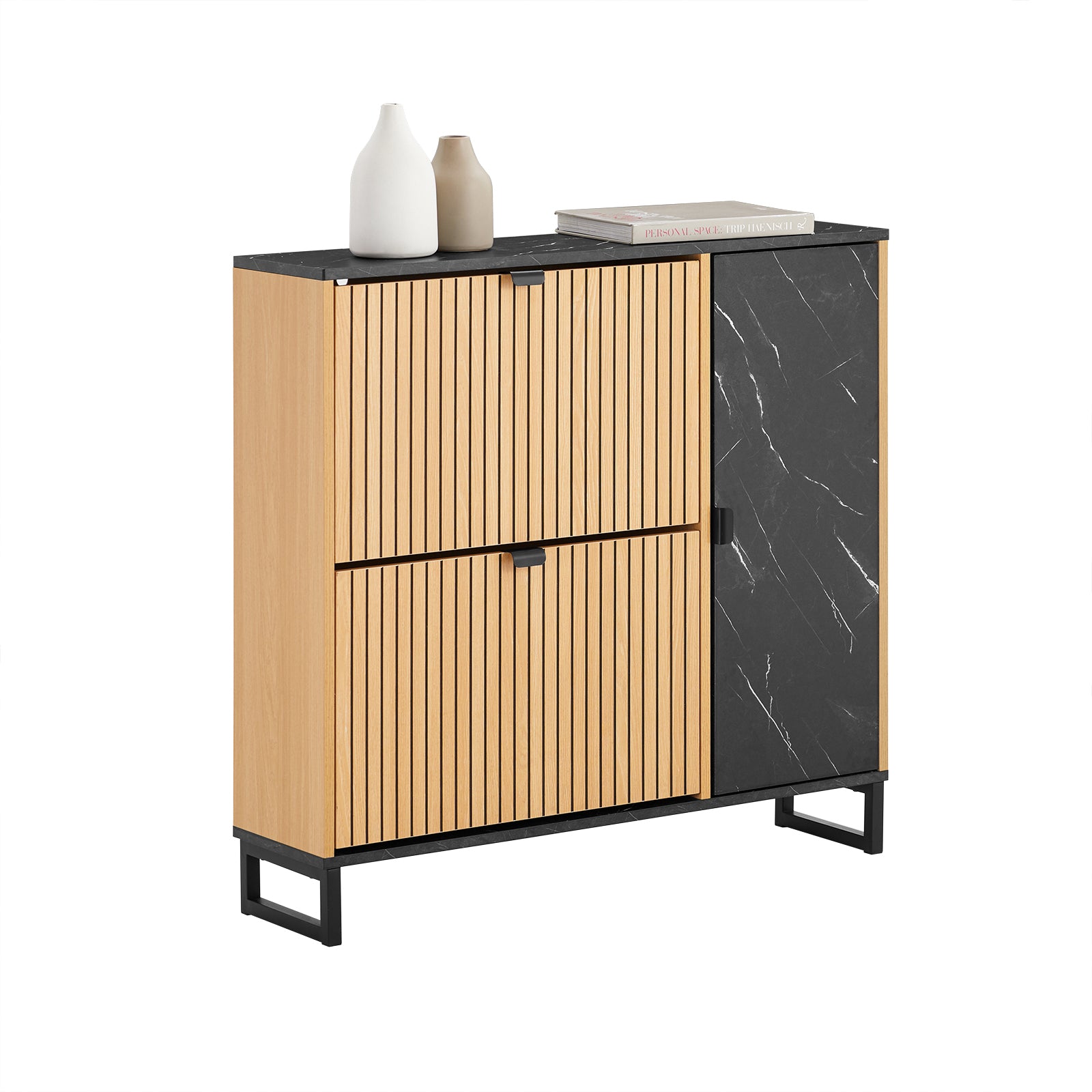 SoBuy FSR203-N Schuhschrank Schmal 2 Klappen Schuhkipper Schwarz mit Marmor & Holz 90x88x24 cm –