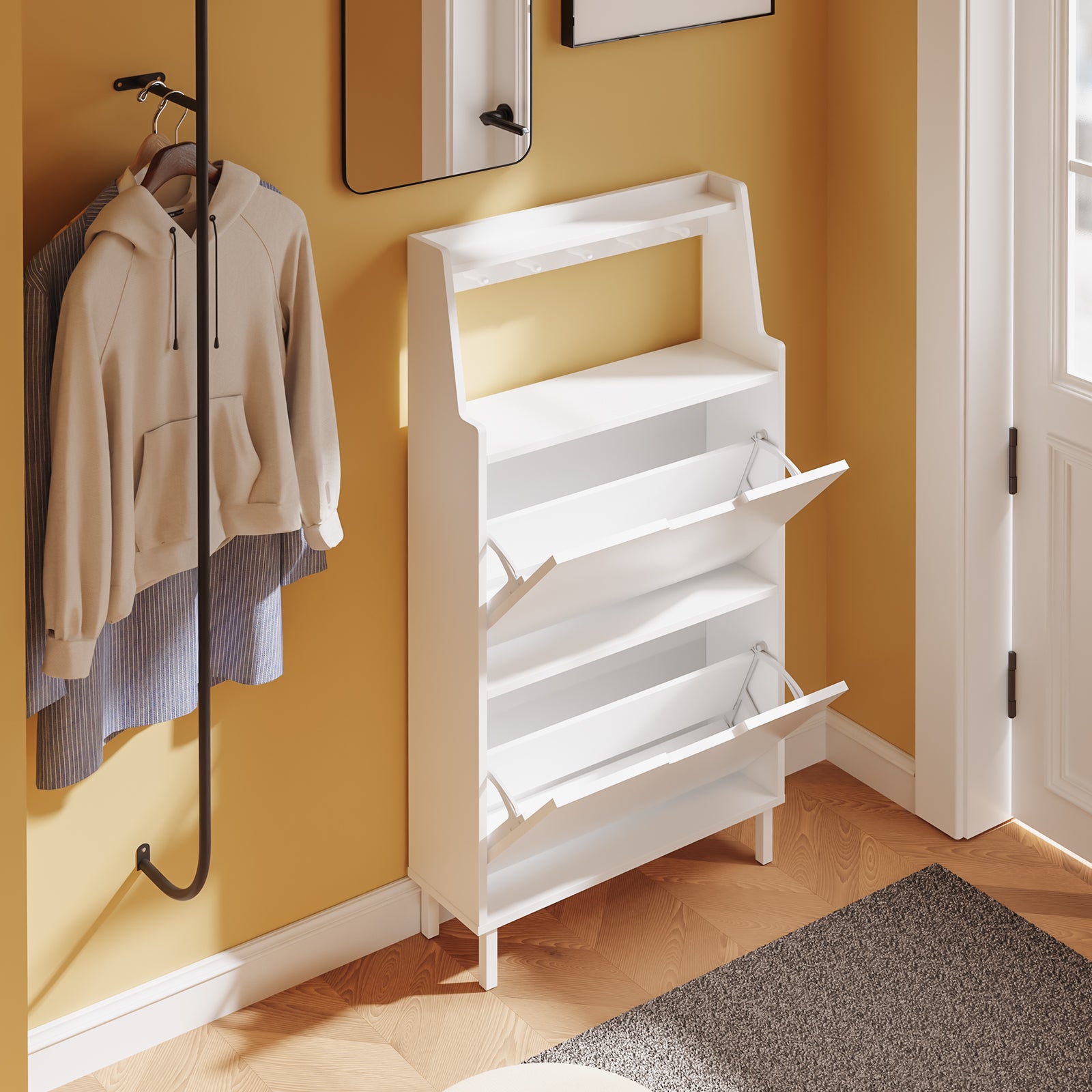 SoBuy Schuhschrank Weiß 2 Türen mit Haken und offener Oberseite 60x19x119 cm 30 kg FSR221-W