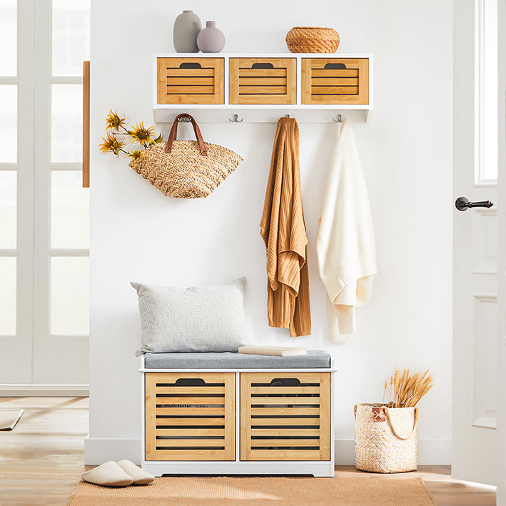 SoBuy | Schuhbank mit Sitzfläche | Sitzkommode mit 2 Türen | Schuhtruhe | Weiß-Natur | FSR23-II-WN