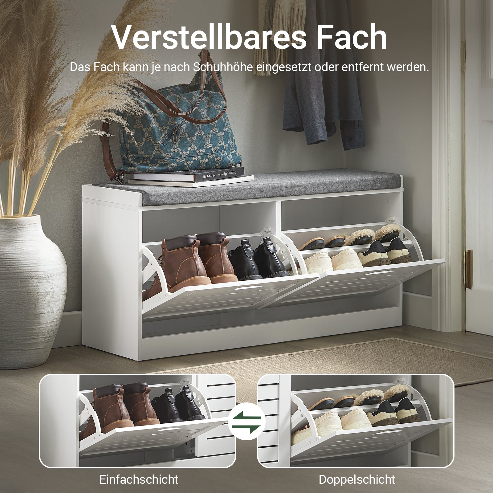 SoBuy | Schuhkipper | Schuhbank mit Schuhfach | Landhausstil Weiß | FSR62-II-W