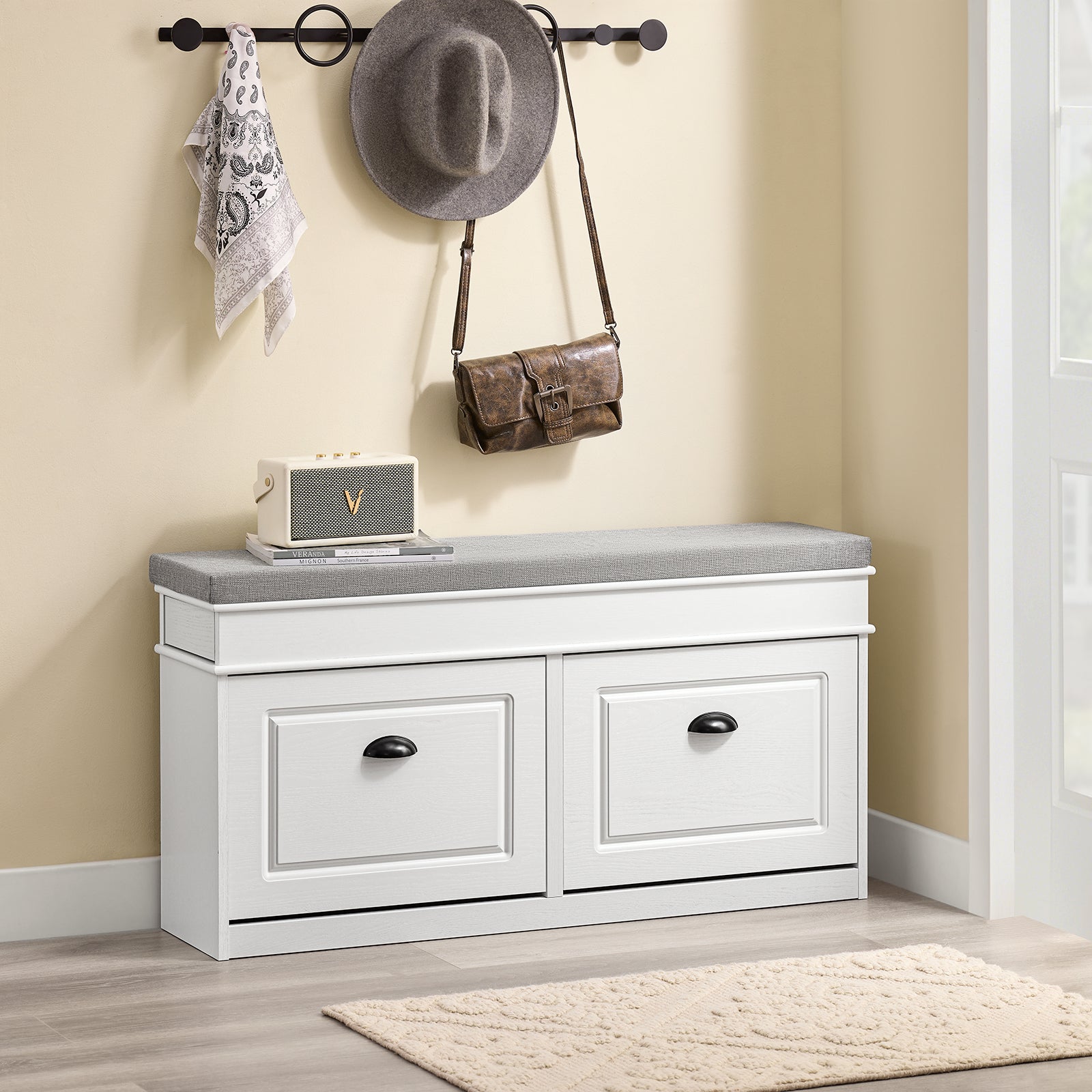 SoBuy | Schuhbank | mit Sitzfläche | und 2 Klappen | Weiß Vintage | FSR64-WG
