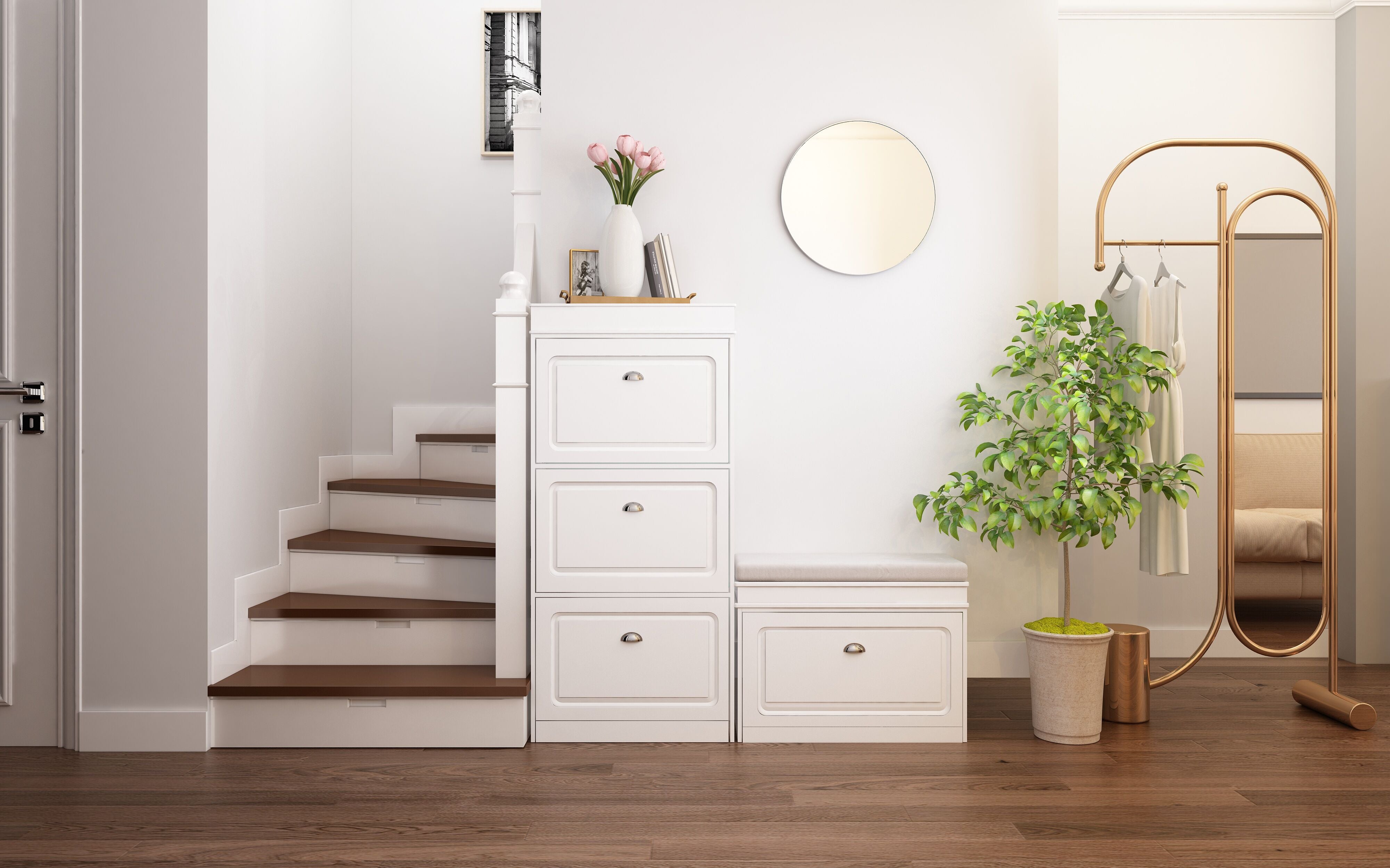 SoBuy | Schuhkipper-Set | Schuhbank und Schuhkommode | Schmal 24cm | Weiß | FSR82-L-W+FSR94-W