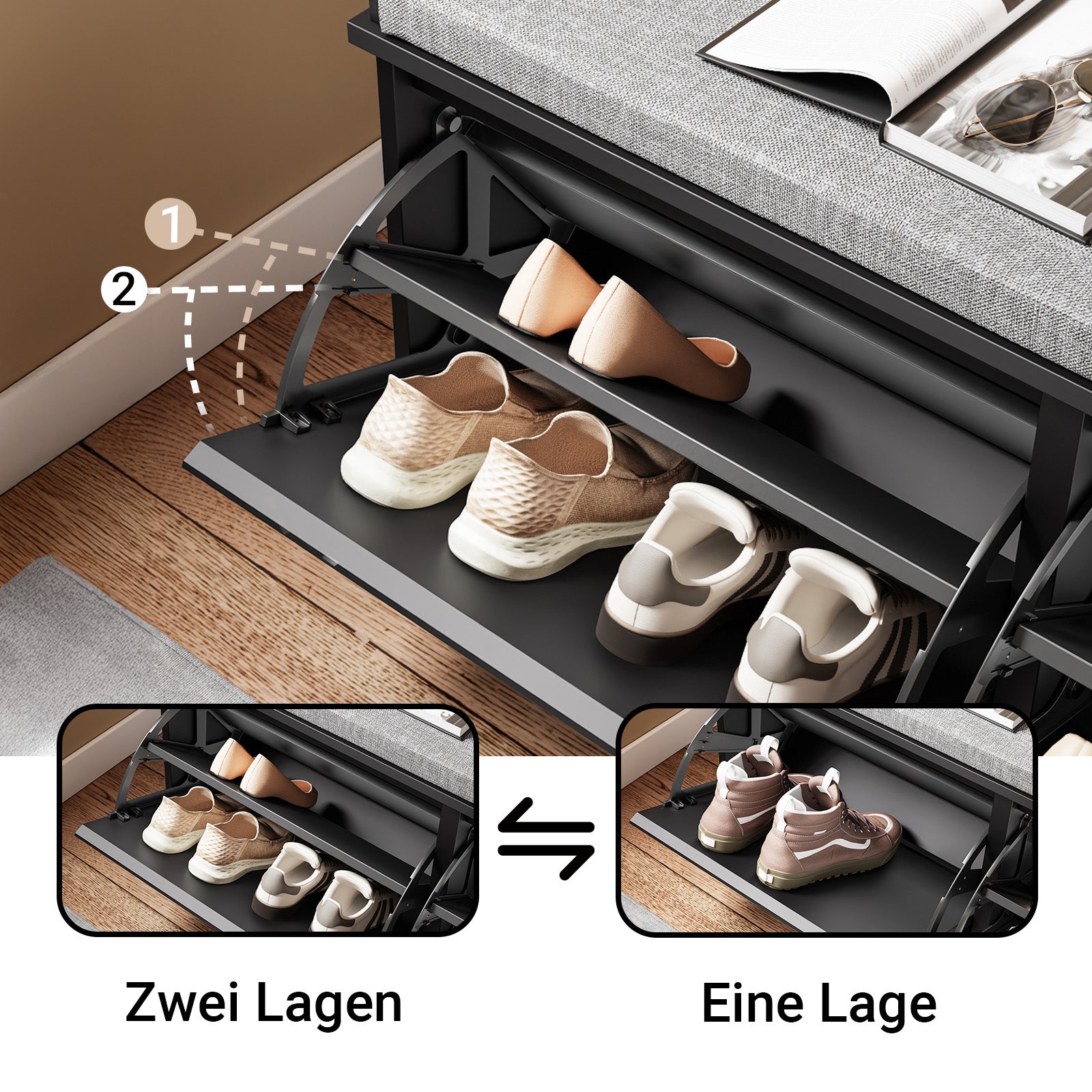 SoBuy | Schuhkipper | Schuhschrank mit 2 Klappen | Schuhbank mit Sitzkissen | Schwarz | FSR98-XL-SCH