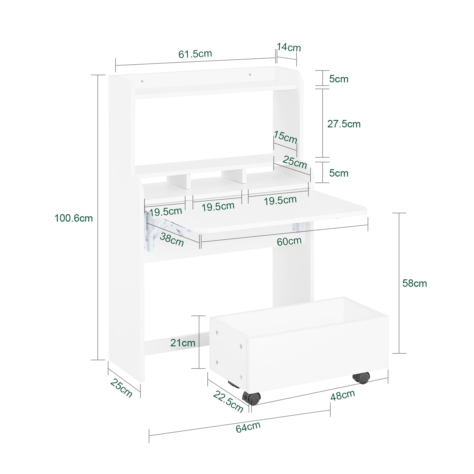 SoBuy | Schreibtisch klappbar | Klapptisch mit Aufbewahrungsbox | Arbeitstisch für Homeoffice | FWT105-II-W