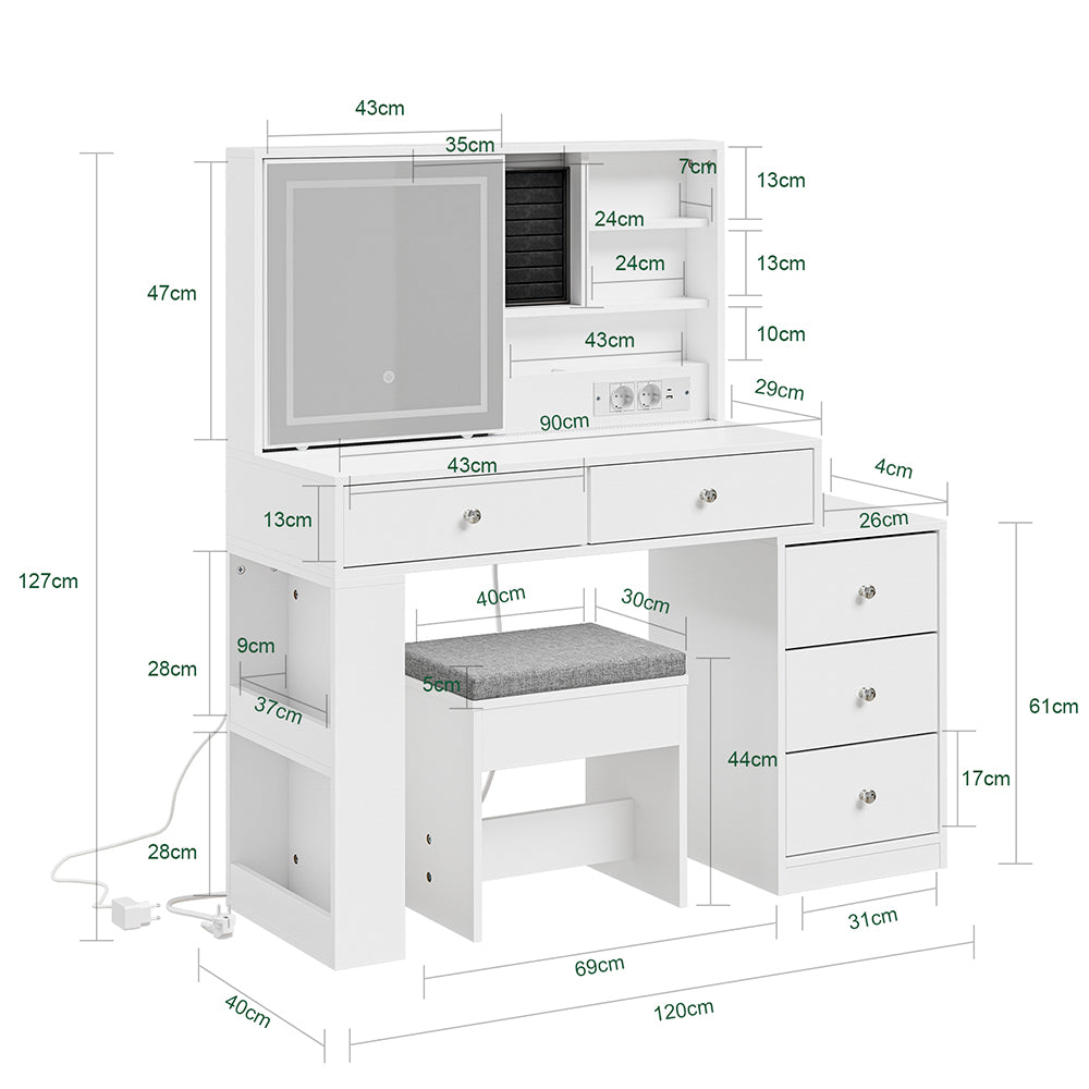SoBuy Schminktisch mit LED-Beleuchtung, Ladestation und Hocker FWT114-E-W