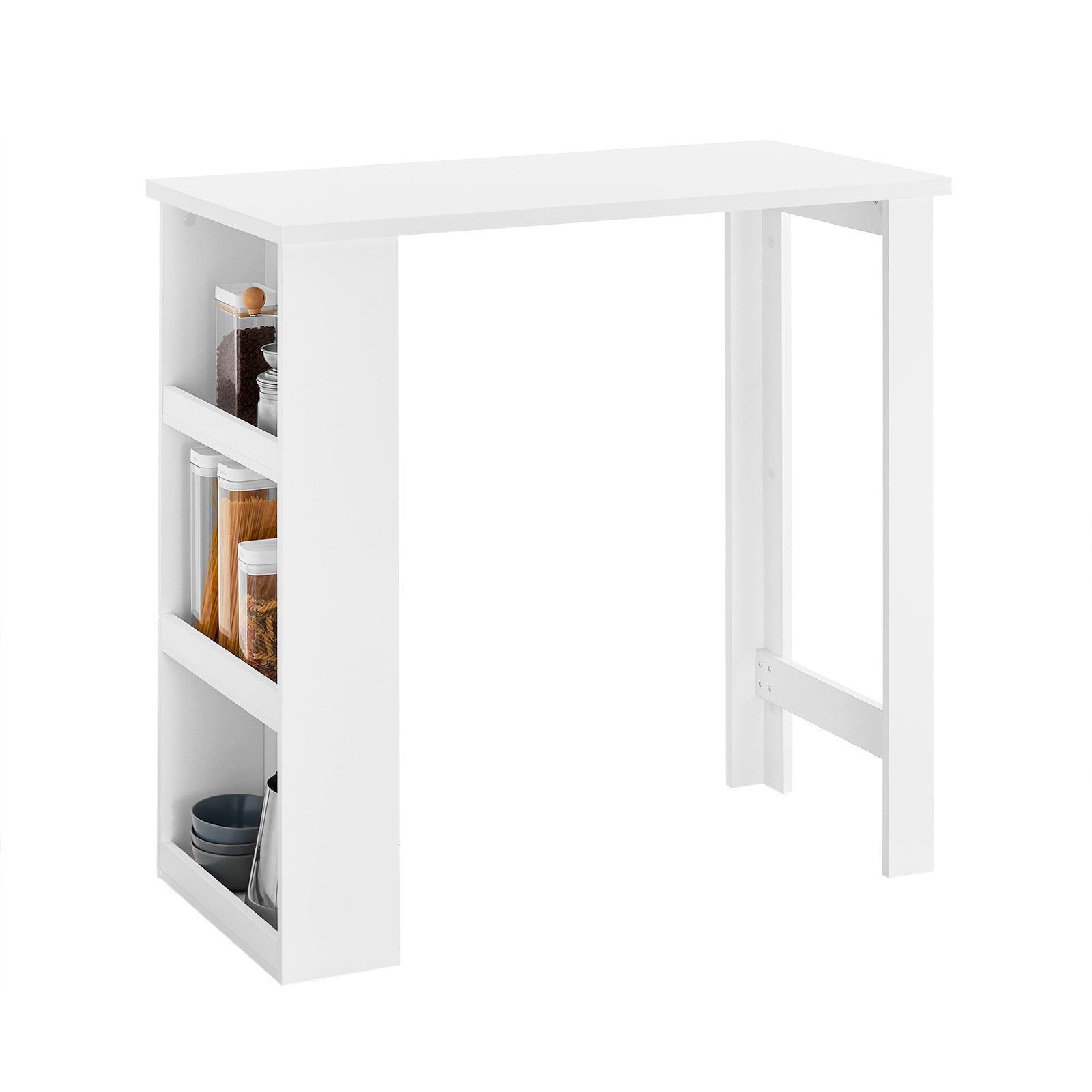 SoBuy Küchentheke Bartisch mit 3 Ablageflächen, Stehtisch für Kleine Räume, Hoher Tresentisch für Küche, Wohnzimmer oder Büro Weiß 112 x 106 x 57 cm FWT17-II-W –