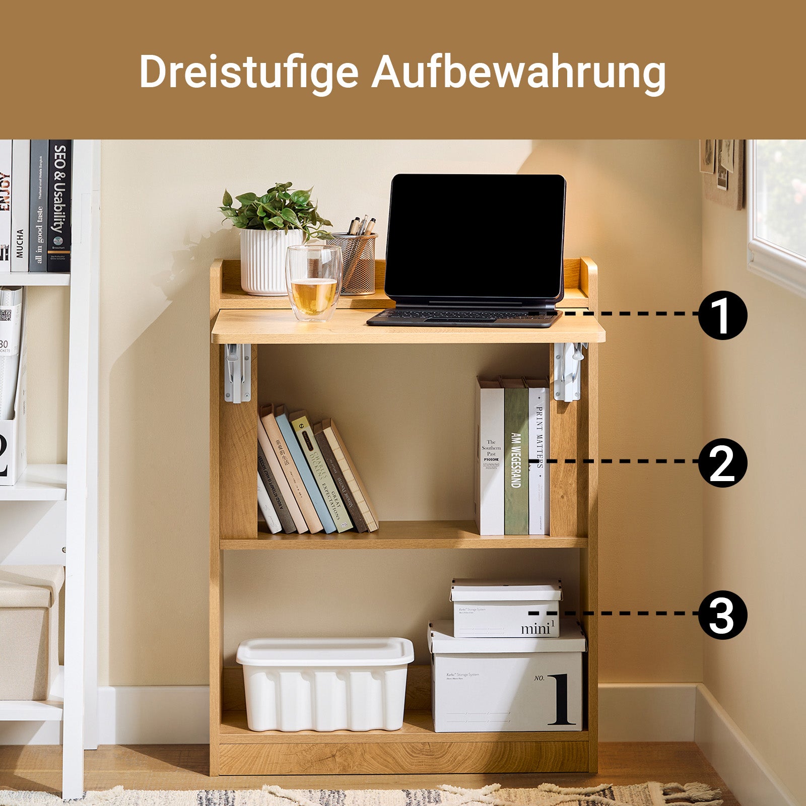 SoBuy | Klapptisch mit 3 Ablagen | Schreibtisch klappbar | Computertisch | Arbeitstisch | Natur | FWT92-N