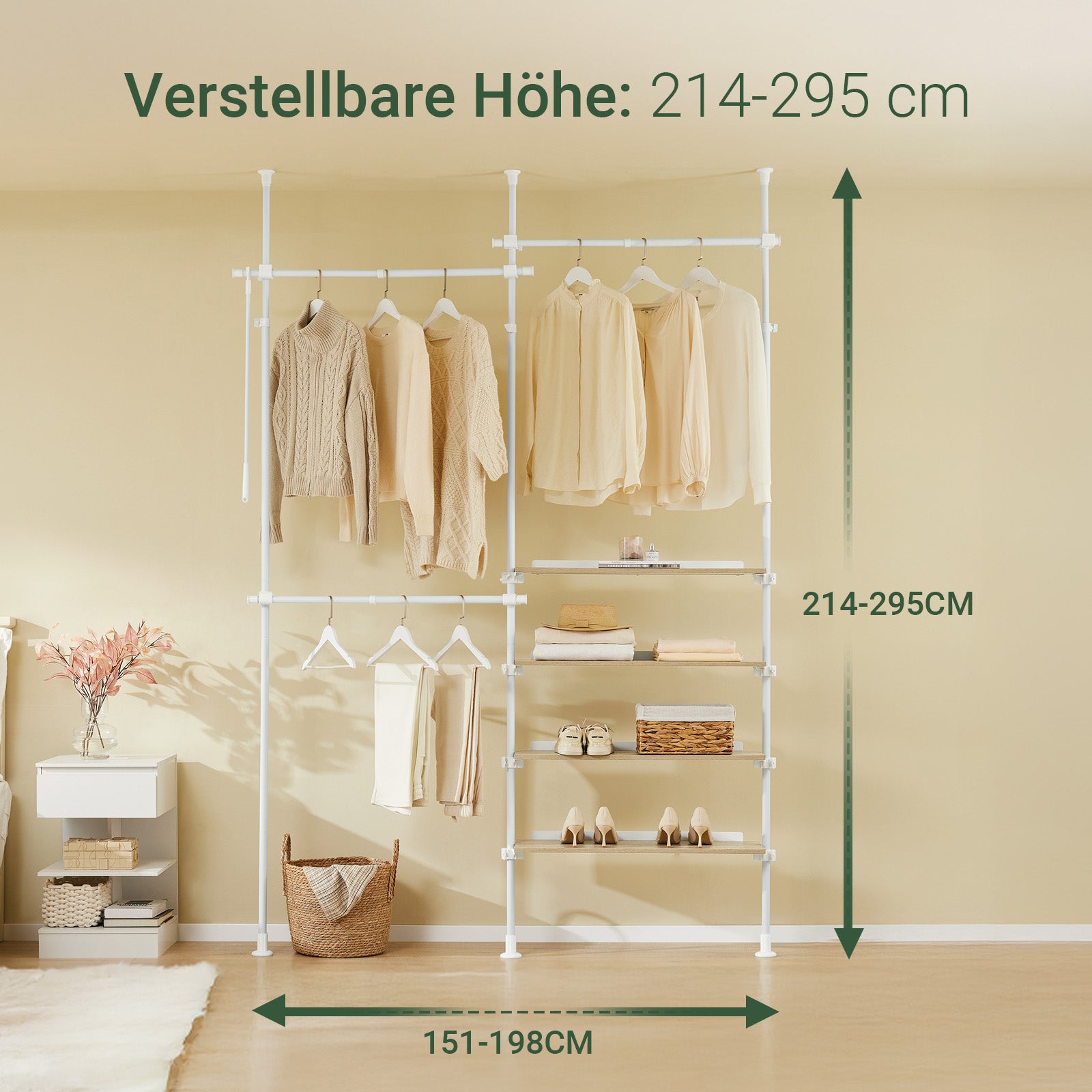 SoBuy | Teleskop Kleiderstange | mit Ablagen & Garderobenstangen | Weiß Natur | KLS17-WN