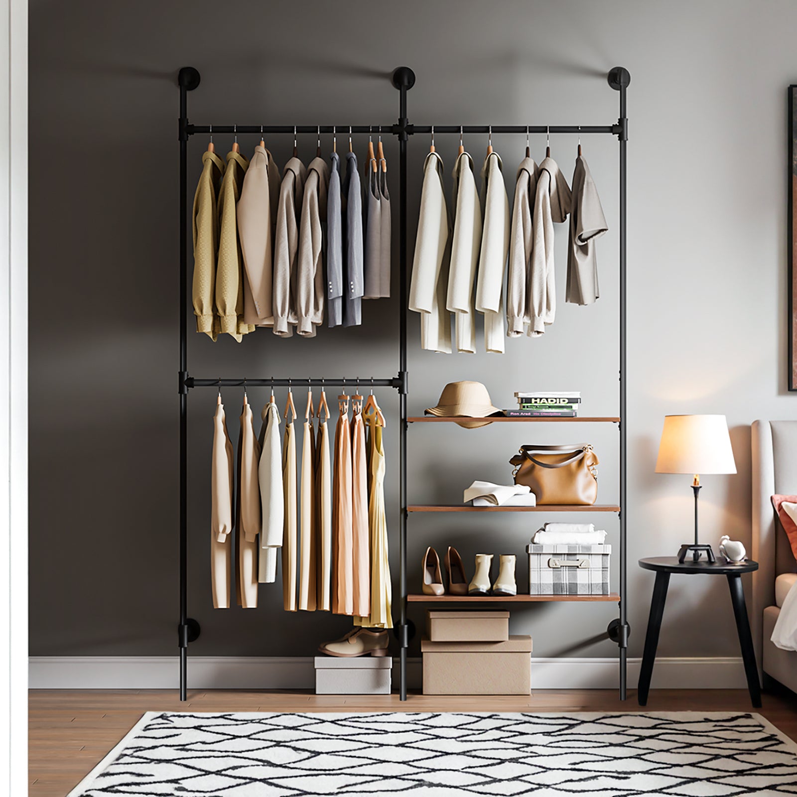 SoBuy | Kleiderstange festes Rohr-Kleiderregal | mit 3 Kleiderstangen & 3 Ablagen | Schwarz | KLS18-SCH