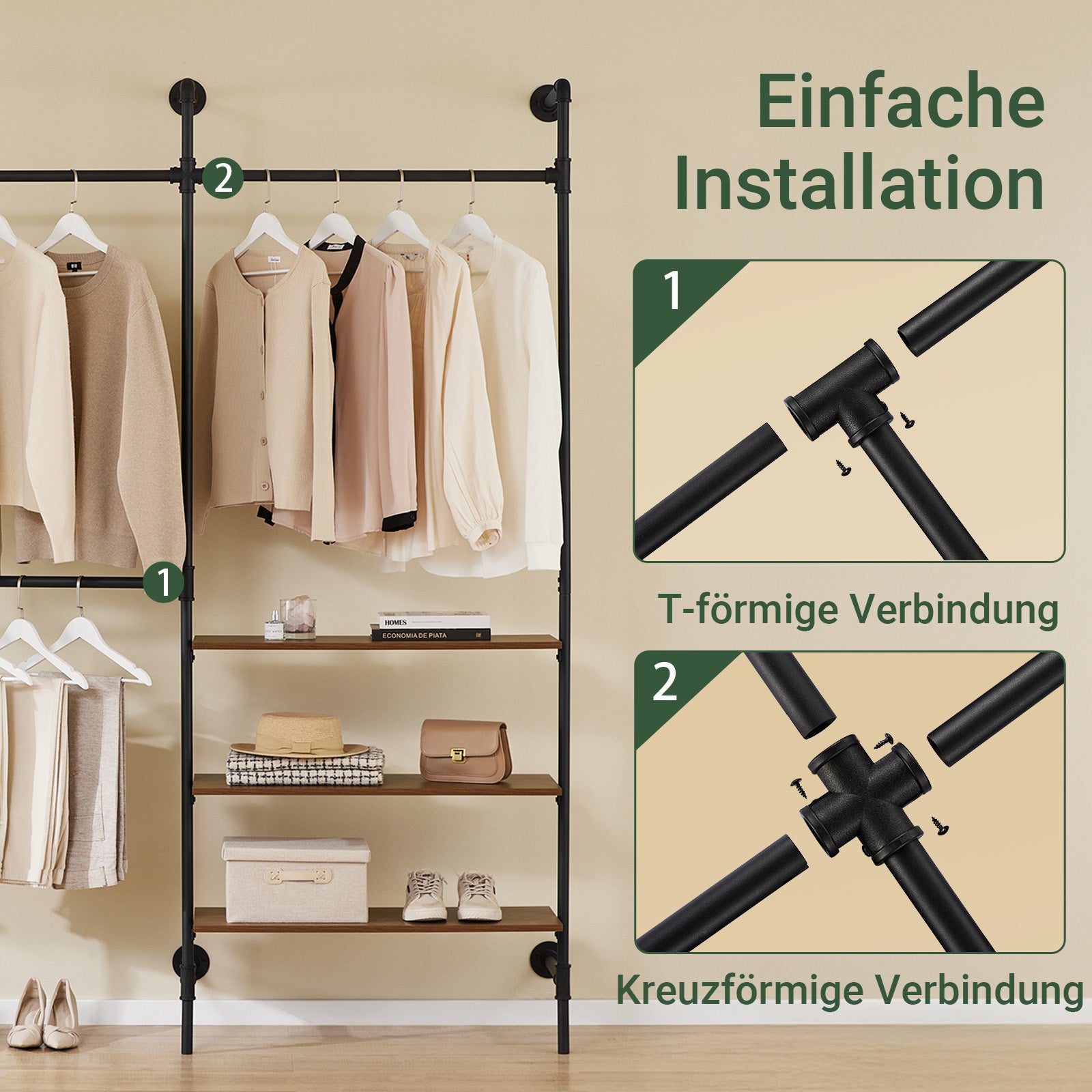 SoBuy | Kleiderstange festes Rohr-Kleiderregal | mit 3 Kleiderstangen & 3 Ablagen | Schwarz | KLS18-SCH