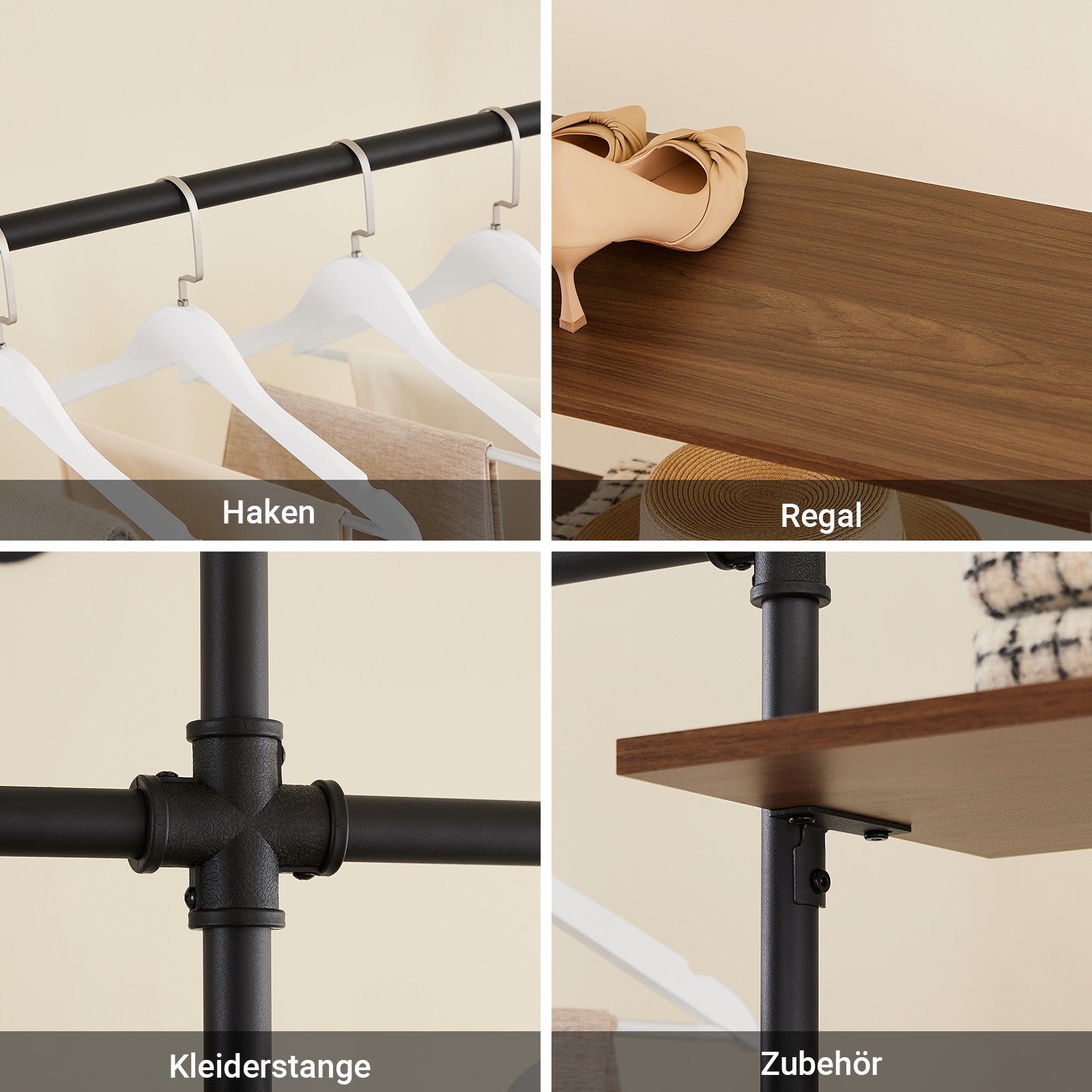 SoBuy | Kleiderstange festes Rohr-Kleiderregal | mit 3 Kleiderstangen & 3 Ablagen | Schwarz | KLS18-SCH