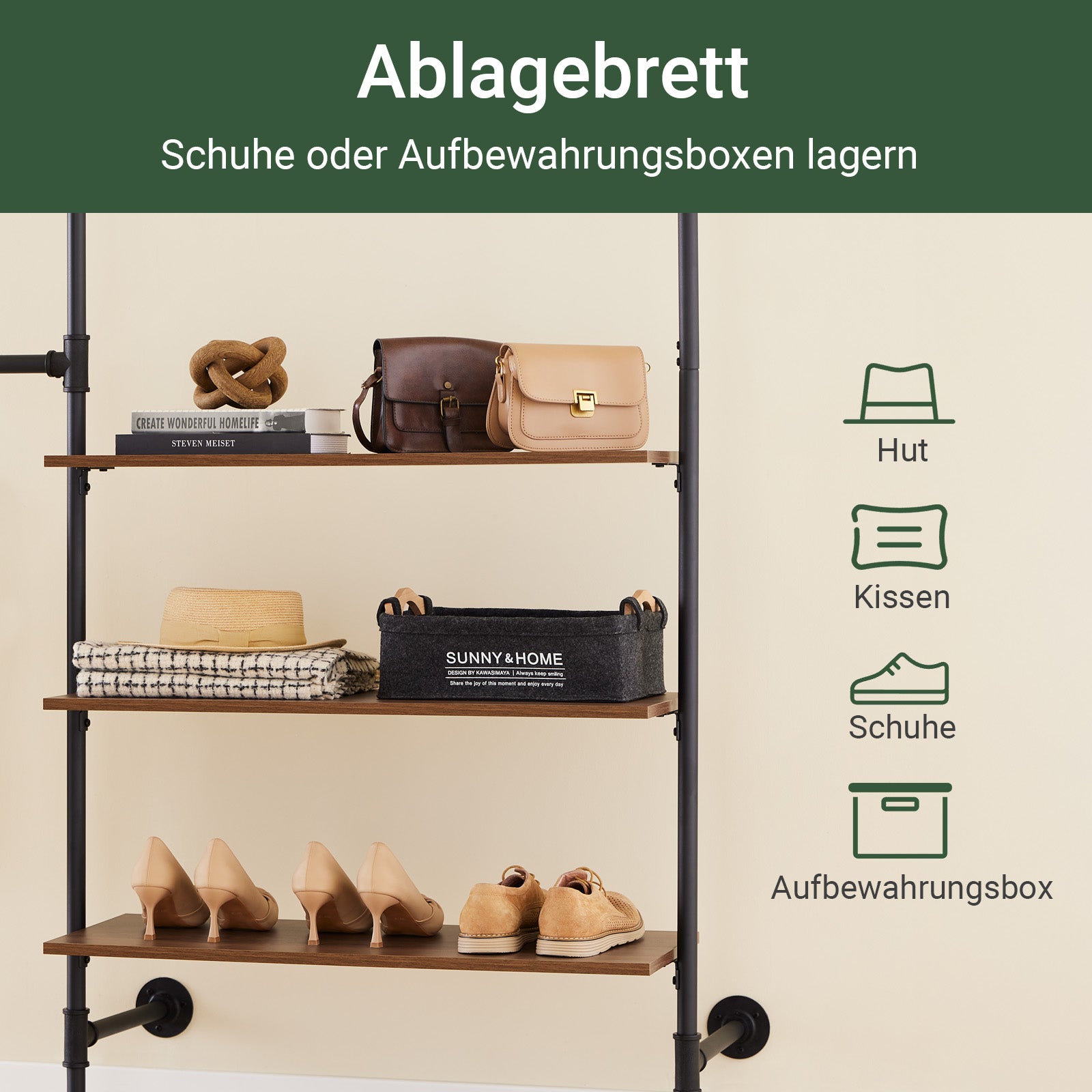 SoBuy | Kleiderstange festes Rohr-Kleiderregal | mit 3 Kleiderstangen & 3 Ablagen | Schwarz | KLS18-SCH