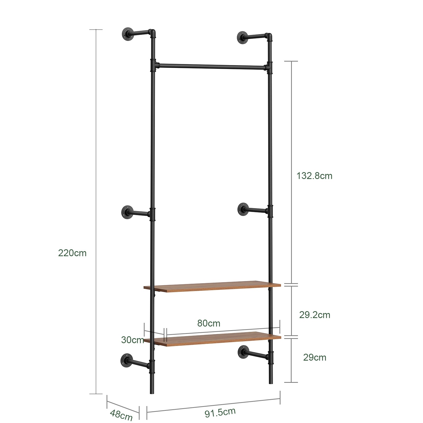SoBuy Kleiderstange Wandmontage mit 2 MDF Regalböden 45kg Tragkraft Schwarz KLS20-SCH