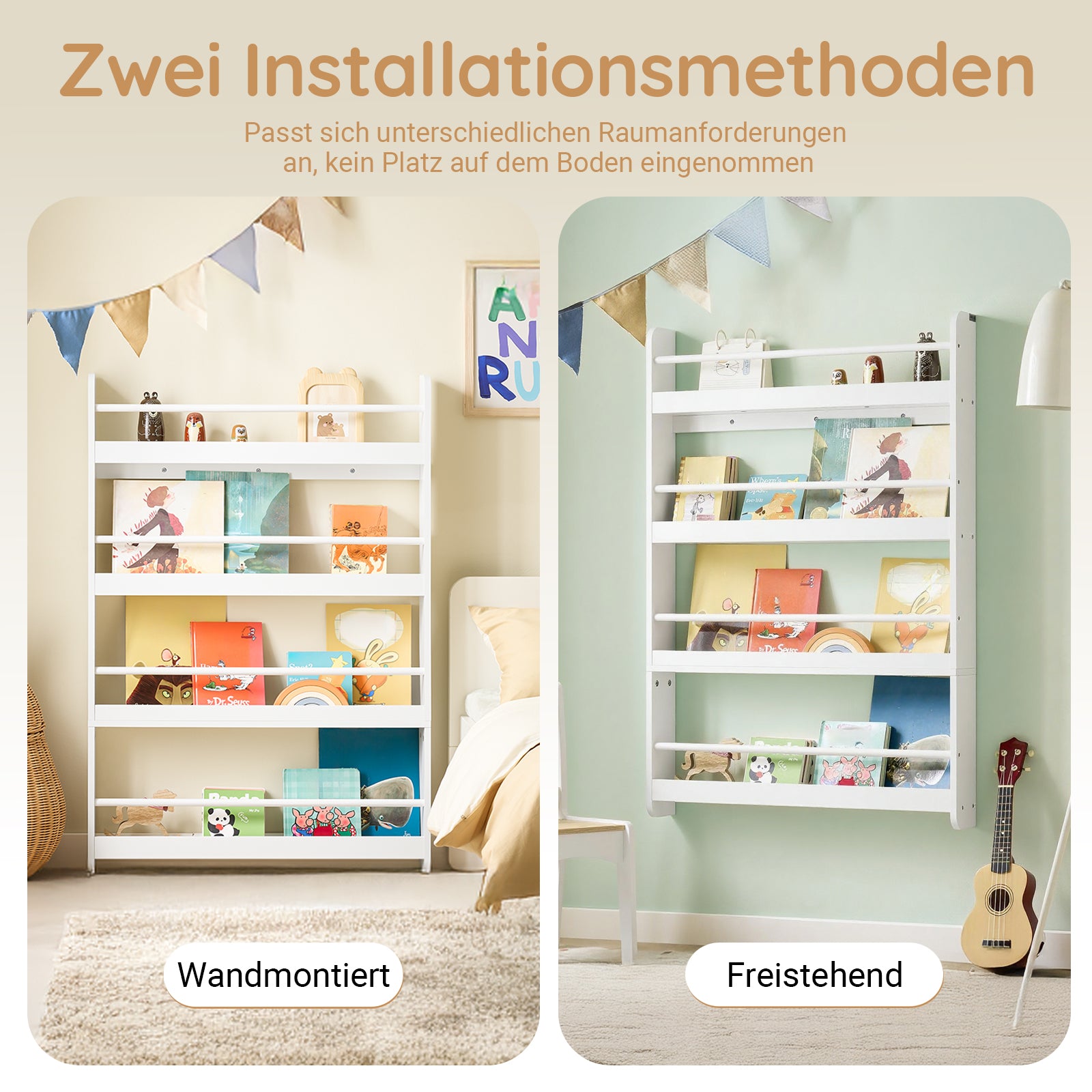 SoBuy | Kinder Bücherregal | Wandregal für Kinder | mit 4 Ablagen | KMB08-II-W