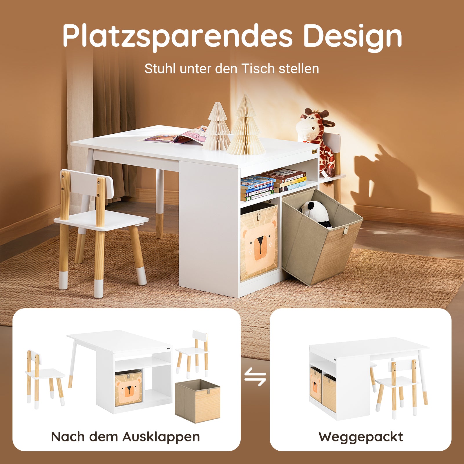 SoBuy | Kindertisch mit 2 Stühlen | Kindersitzgruppe mit Stauraum | Spieltisch | Tisch Stuhl Set | Weiß | KMB113-W