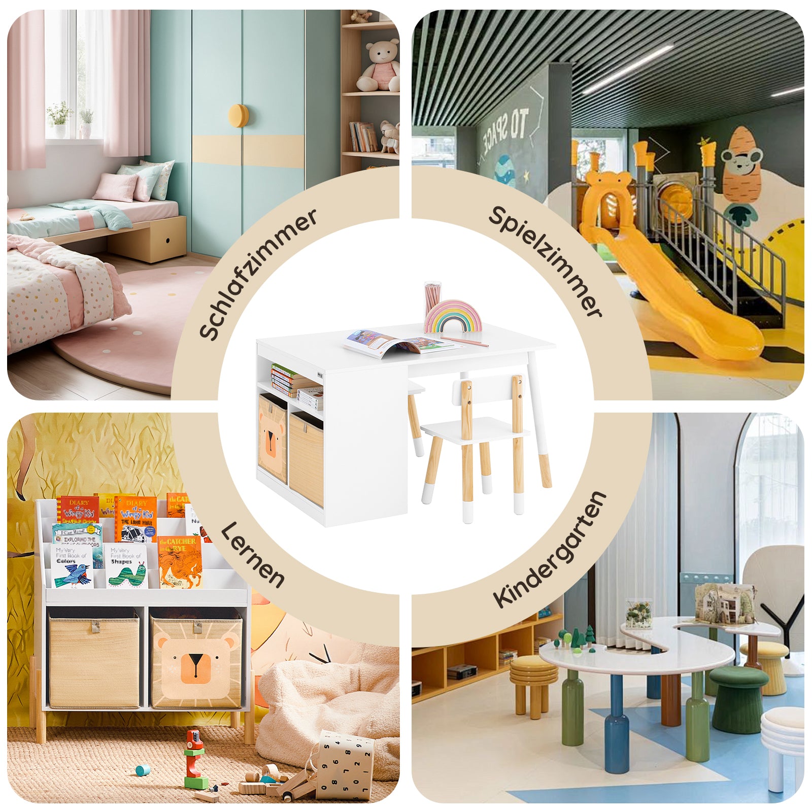 SoBuy | Kindertisch mit 2 Stühlen | Kindersitzgruppe mit Stauraum | Spieltisch | Tisch Stuhl Set | Weiß | KMB113-W