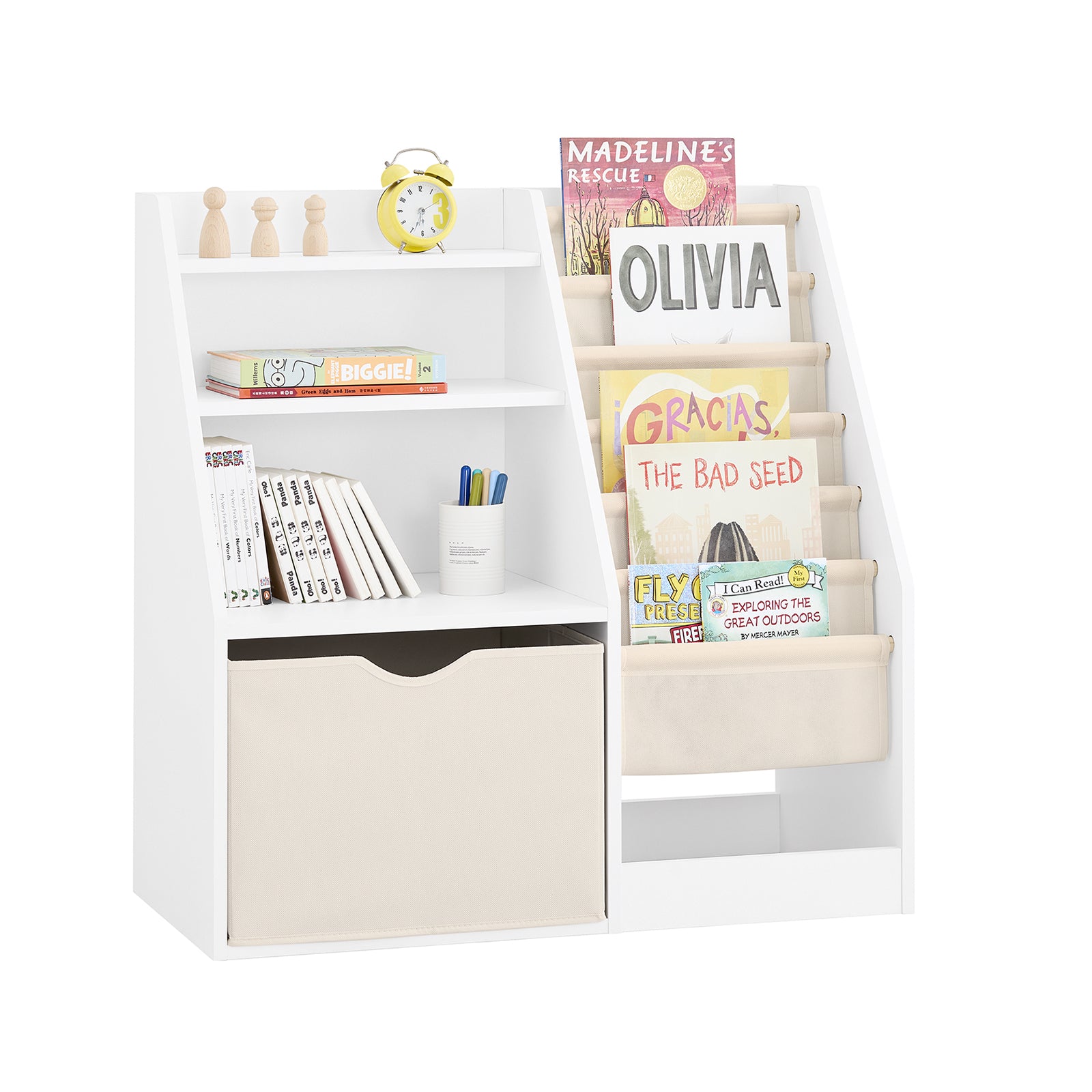 aufbewahrung 8 buchstaben SoBuy Montessori Bücherregal Kinder Kinderregal mit Stofftaschen Weiß  80x80x40cm KMB119-W – SoBuy.de