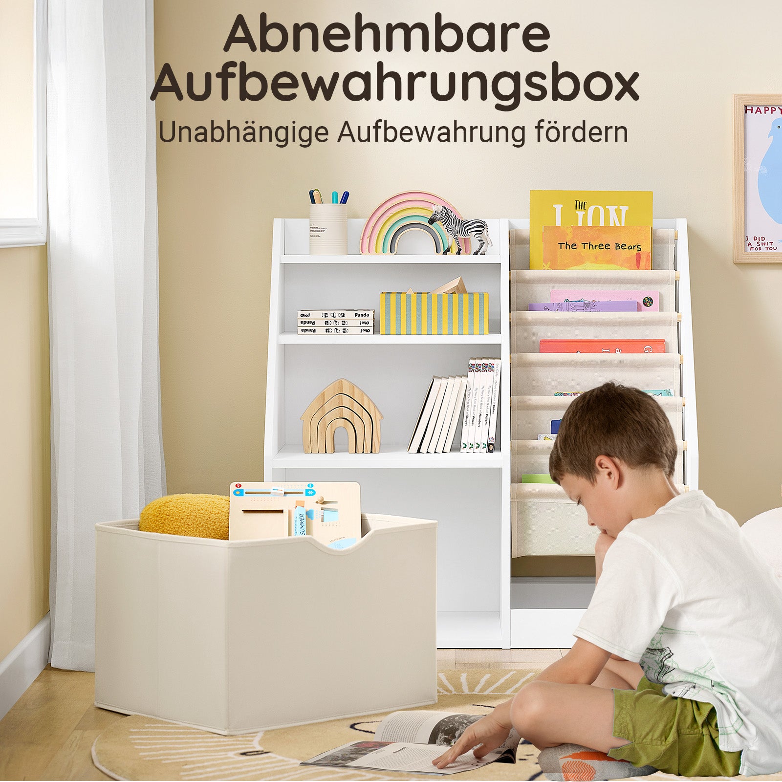 SoBuy | Montessori Bücherregal Kinder | Kinderregal mit Stofftaschen | Weiß | KMB119-W