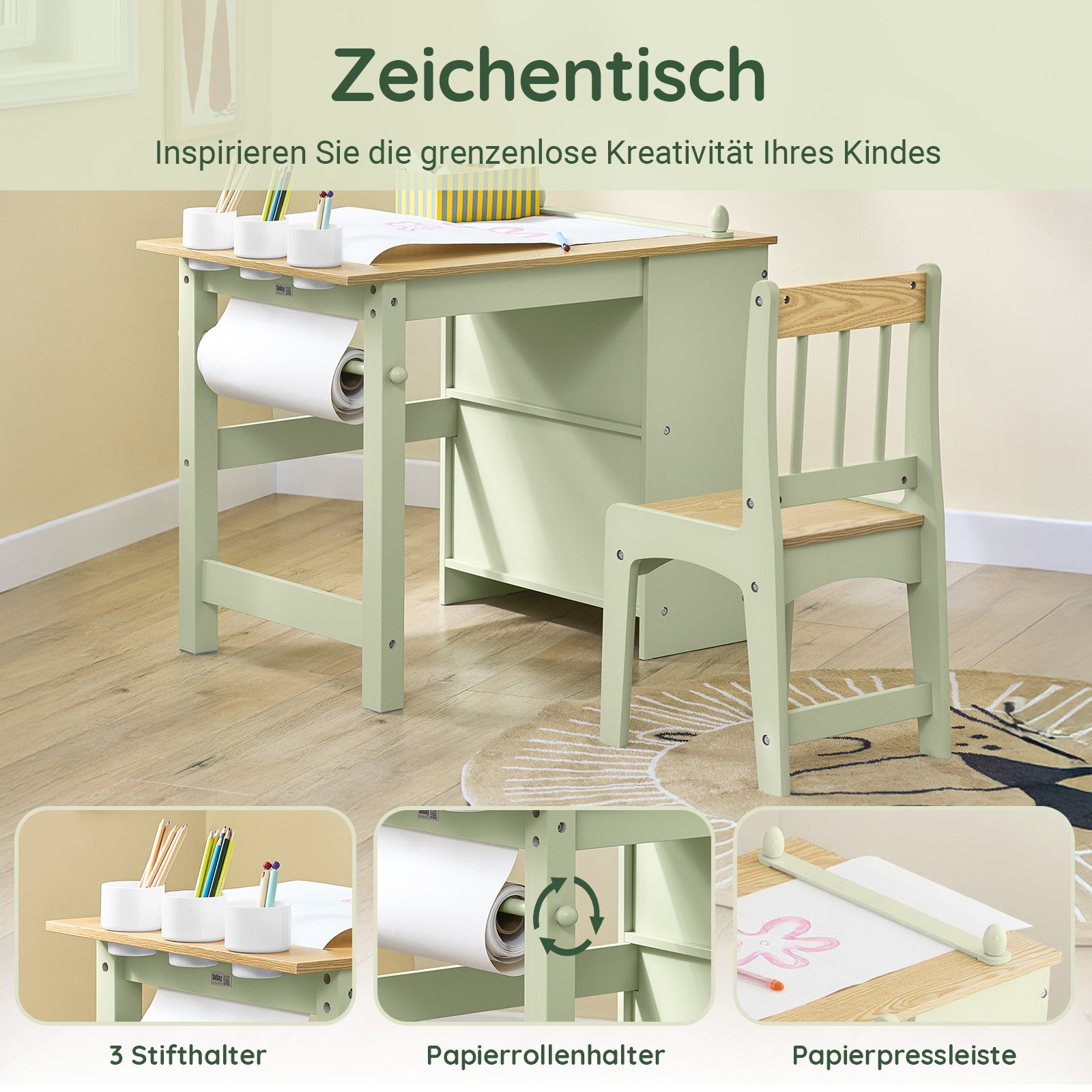 Vorverkauf | SoBuy | Kindertisch mit 1 Stuhl | Kindersitzgruppe | mit 1 Papierrollenhalter | Maltisch für Kinder | Grün | KMB60-GR