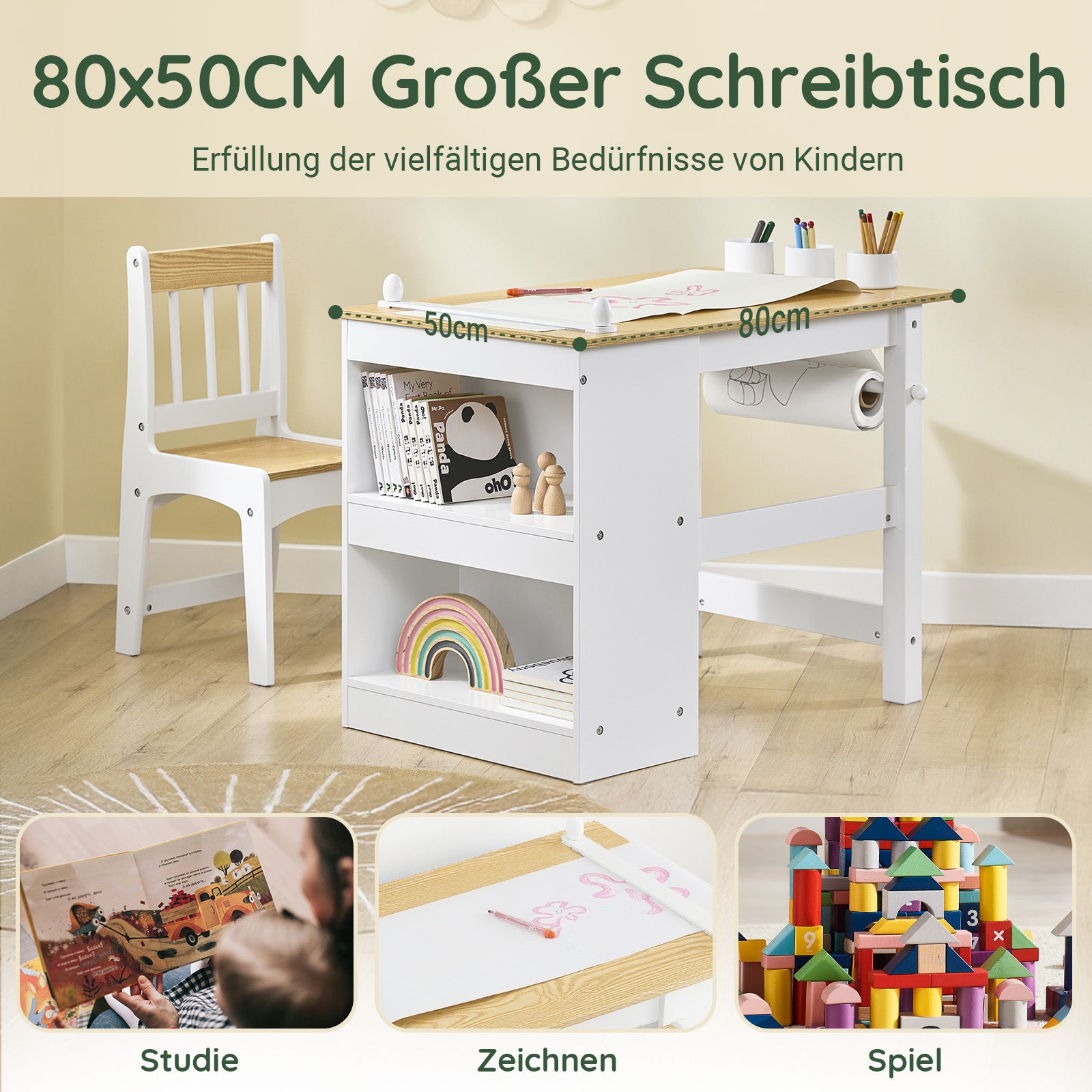 Vorverkauf | SoBuy | Kindertisch mit 1 Stuhl | Kindersitzgruppe | Maltisch für Kinder | Weiß und Natur | KMB60-WN