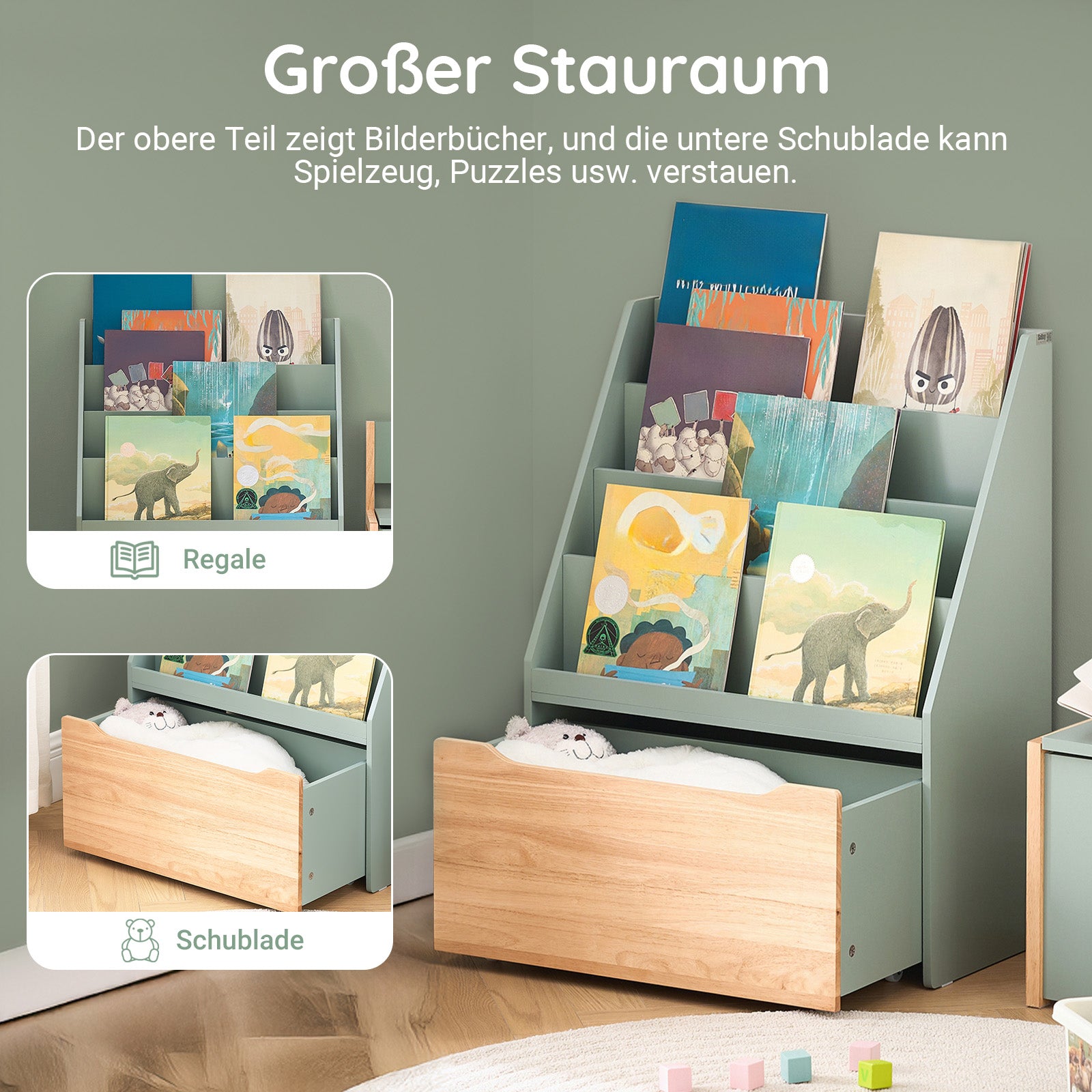 Vorverkauf | SoBuy | Kinder Bücherregal | Spielzeugtruhe | Aufbewahrungsregal Kinderzimmer | Grün-Natur| KMB95-GR