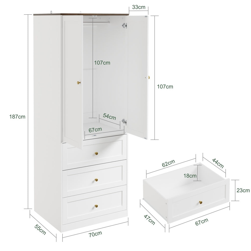 SoBuy | Kleiderständer | Kleiderschrank Weiß Schmal (70cm) Drehtürenschrank mit 3 | White | KSB04-W