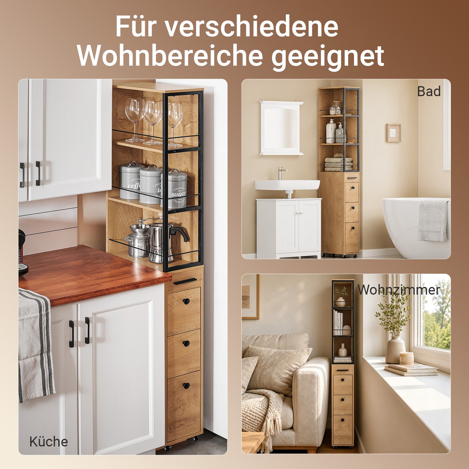 SoBuy | Nischenregal mit 3 Schubladen | mit Rollen | Nischenwagen | schmales Regal | NSR13-N